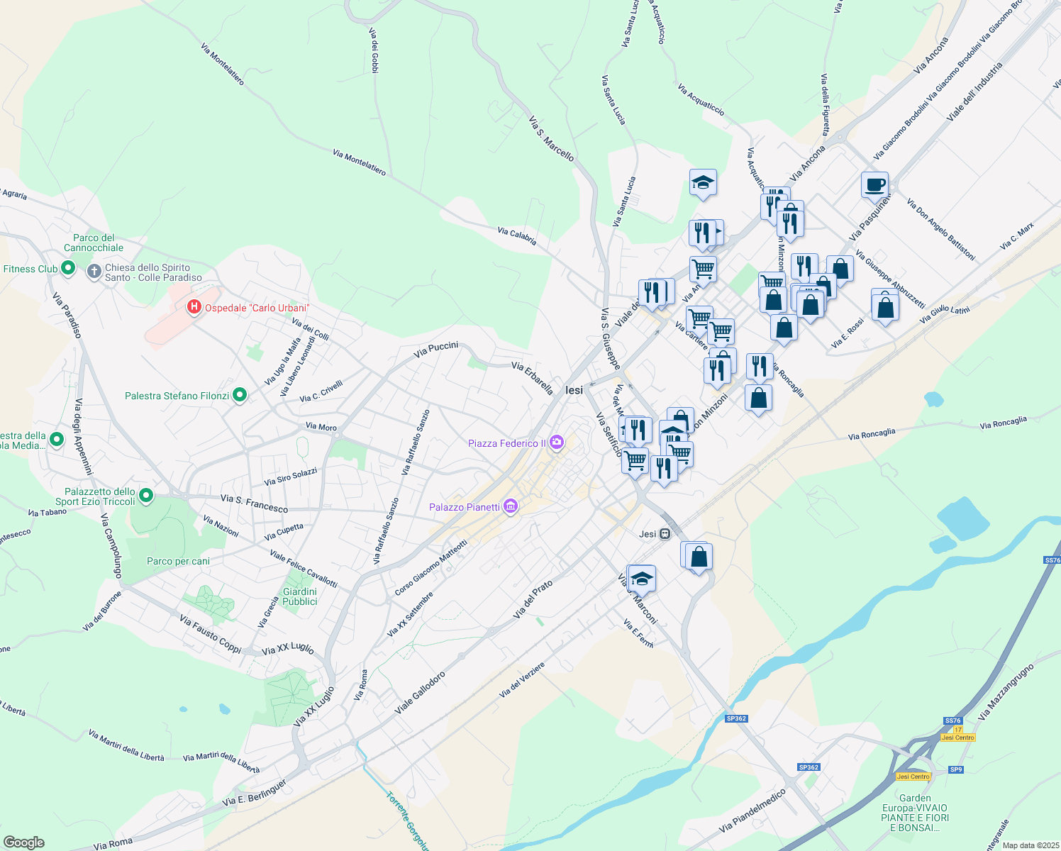 map of restaurants, bars, coffee shops, grocery stores, and more near 4BIS Costa San Marco in Jesi