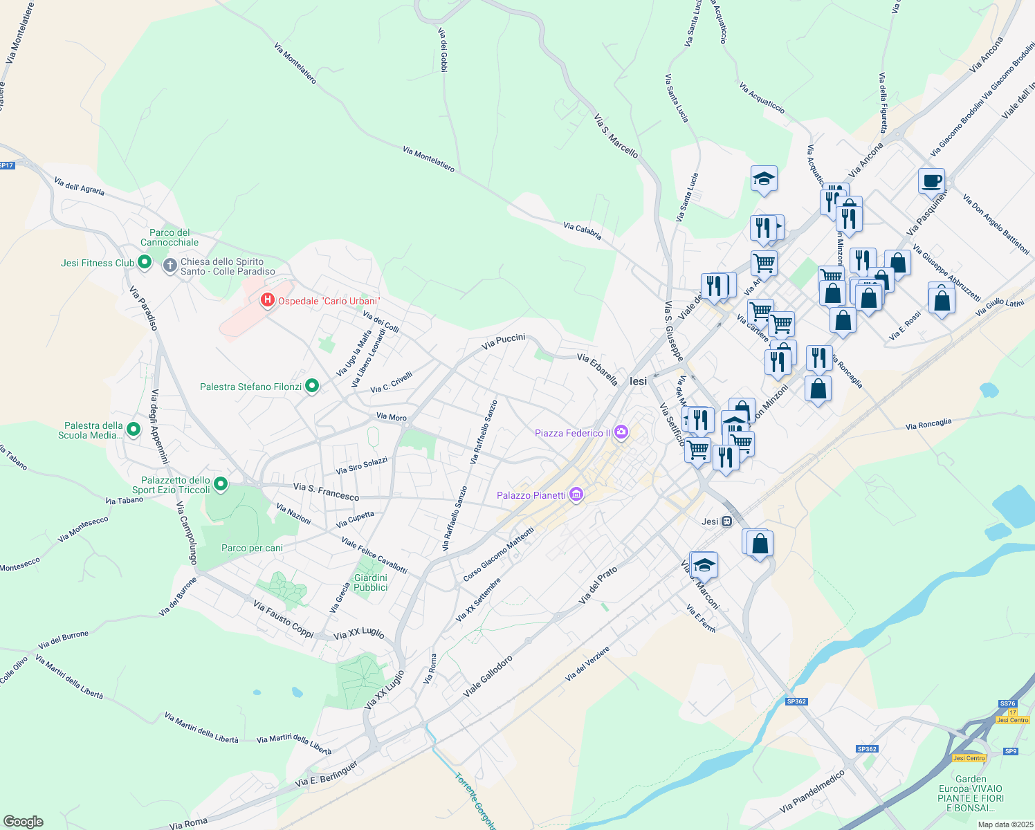 map of restaurants, bars, coffee shops, grocery stores, and more near 55A Via Antonio Gramsci in Jesi