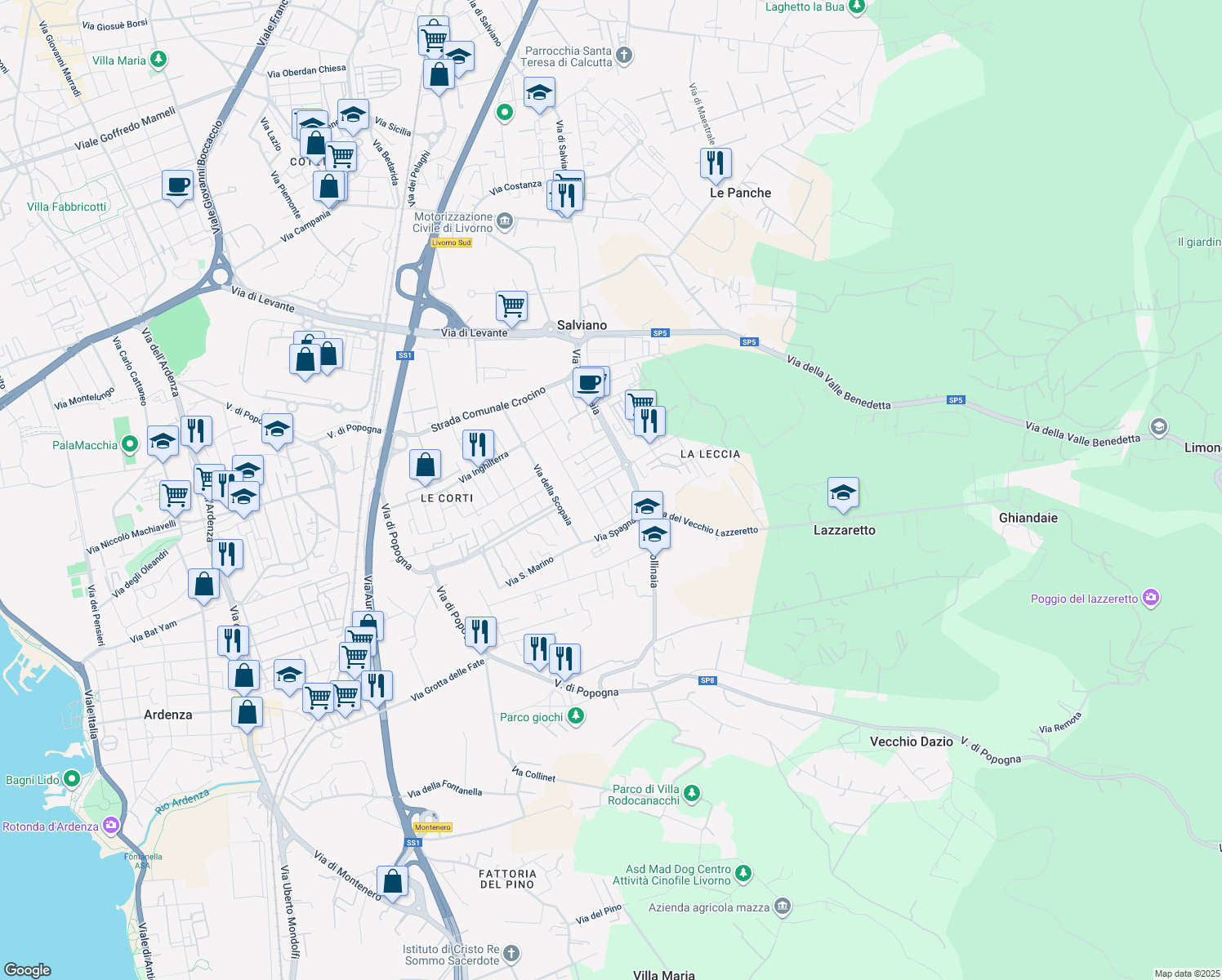 map of restaurants, bars, coffee shops, grocery stores, and more near 33 Via Francia in Livorno