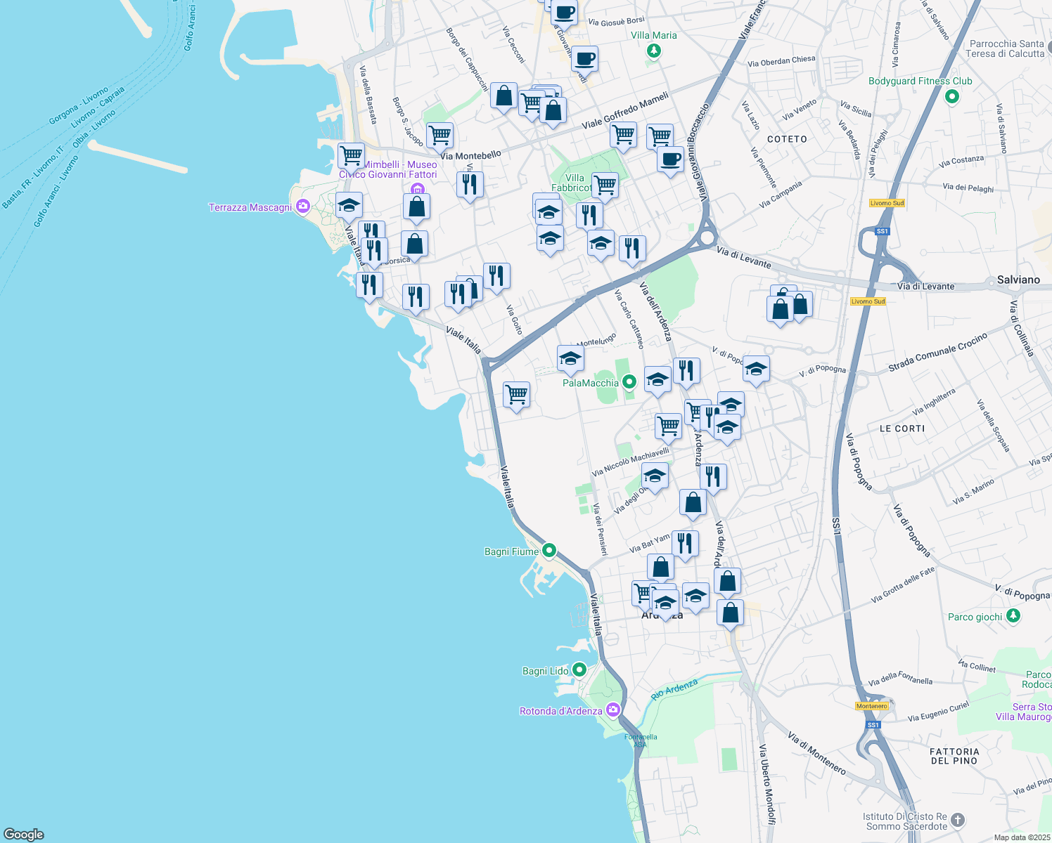 map of restaurants, bars, coffee shops, grocery stores, and more near 24 Via Giovanni Randaccio in Livorno