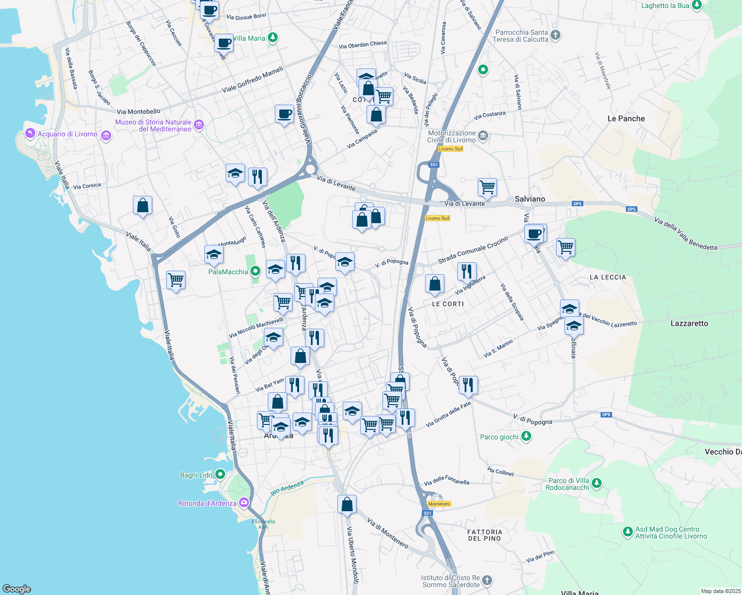 map of restaurants, bars, coffee shops, grocery stores, and more near 9 Via Maria Montessori in Livorno