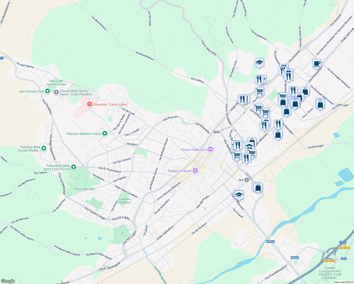 map of restaurants, bars, coffee shops, grocery stores, and more near 55A Via Antonio Gramsci in Jesi