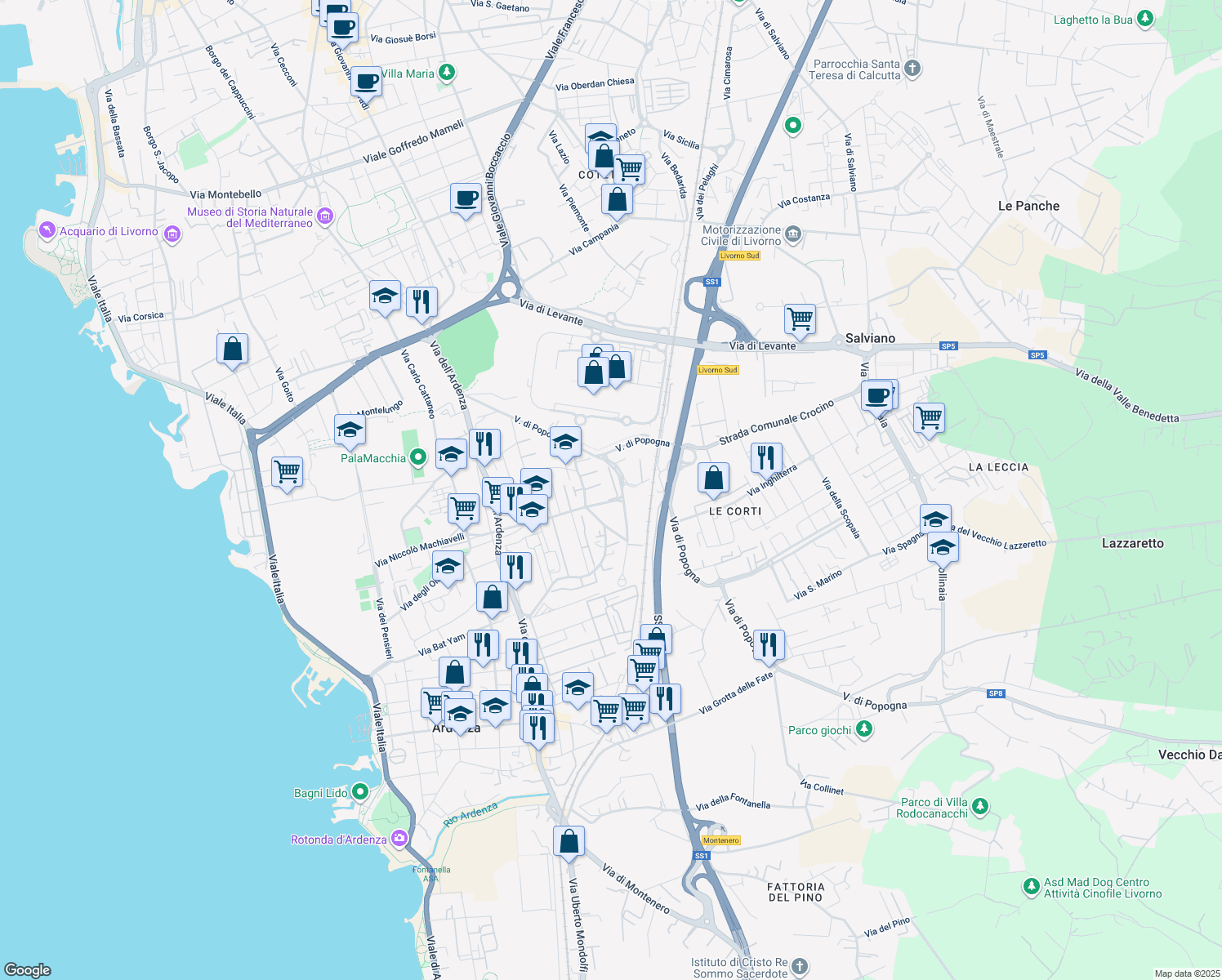 map of restaurants, bars, coffee shops, grocery stores, and more near 9 Via Maria Montessori in Livorno