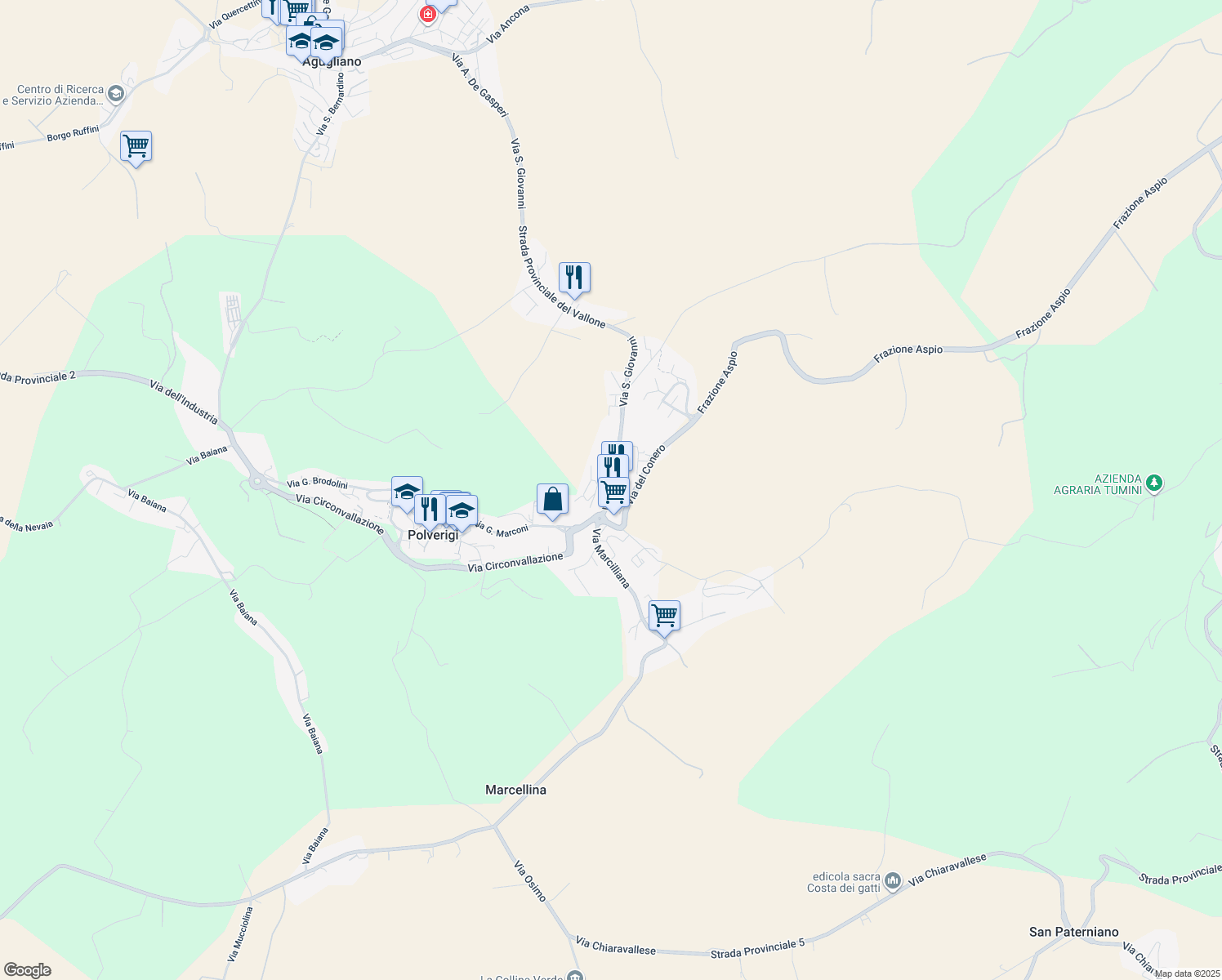 map of restaurants, bars, coffee shops, grocery stores, and more near 7 Via San Giovanni in Polverigi