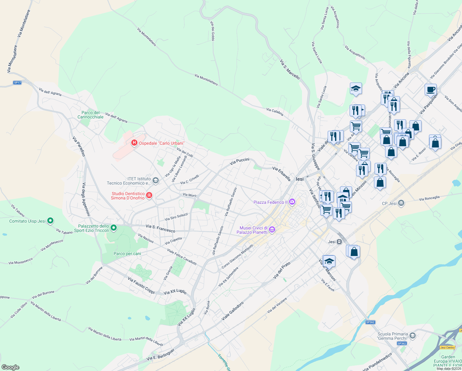 map of restaurants, bars, coffee shops, grocery stores, and more near 1-2 Via Lauro de Bosis in Jesi