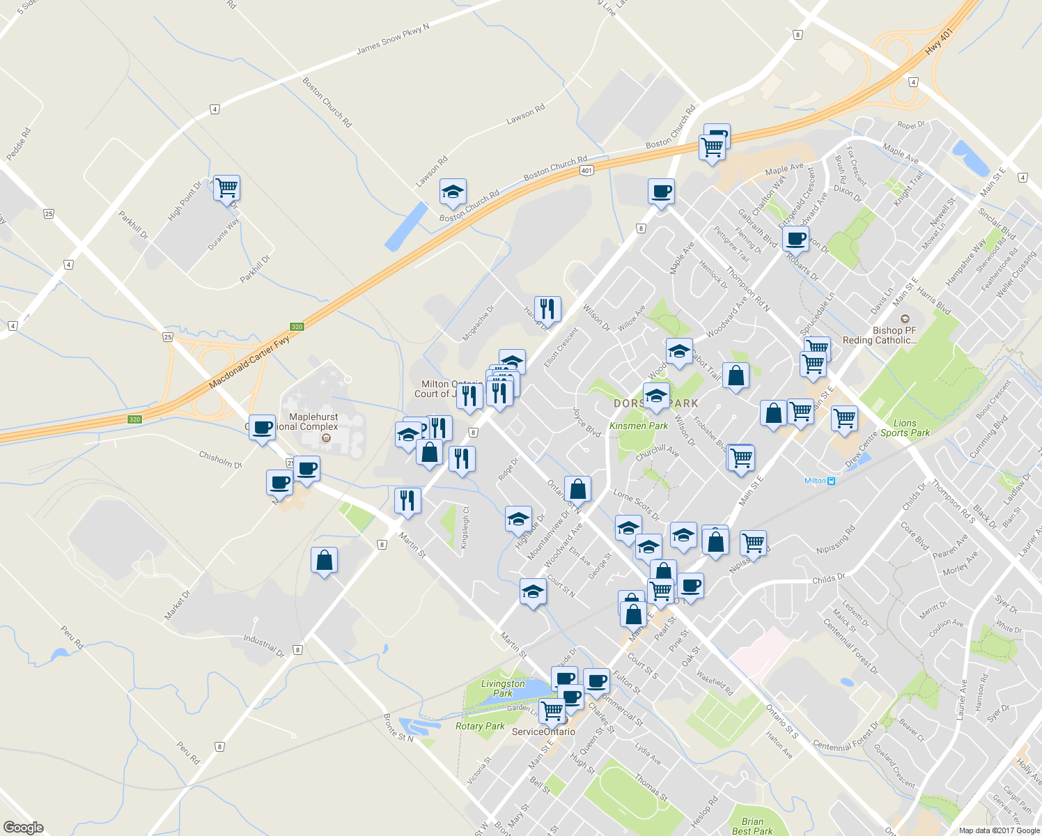 map of restaurants, bars, coffee shops, grocery stores, and more near 403 Ontario Street North in Milton