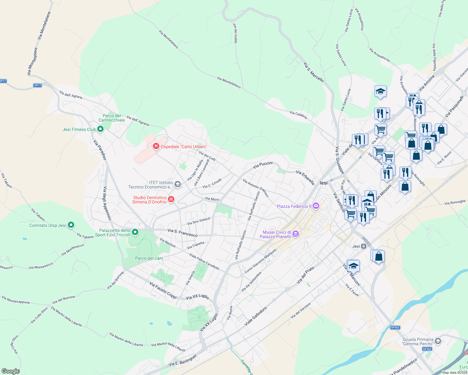 map of restaurants, bars, coffee shops, grocery stores, and more near 2 Viale Giuseppe Verdi in Jesi