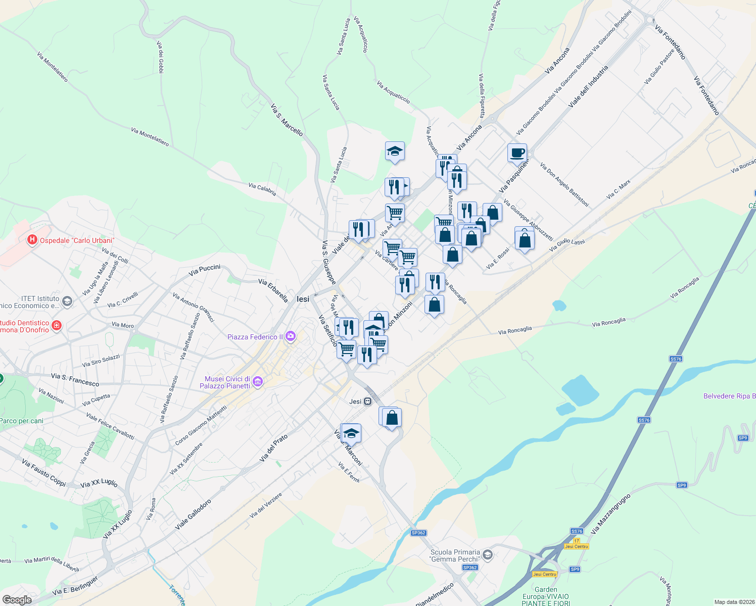 map of restaurants, bars, coffee shops, grocery stores, and more near 56 Via della Granita in Jesi