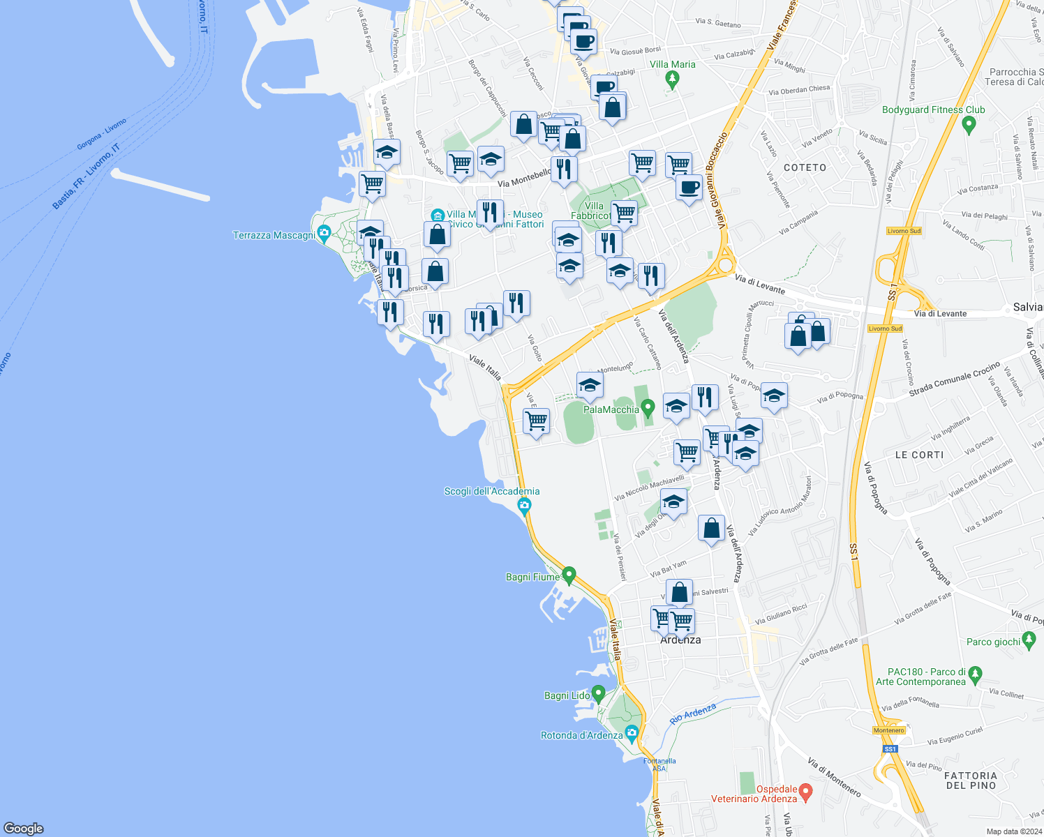 map of restaurants, bars, coffee shops, grocery stores, and more near 5 Via Riccardo Cipriani in Livorno