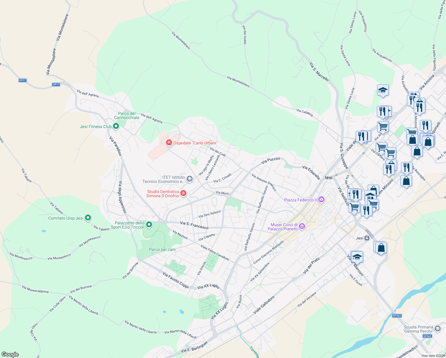 map of restaurants, bars, coffee shops, grocery stores, and more near 10TER Via C. Crivelli in Jesi