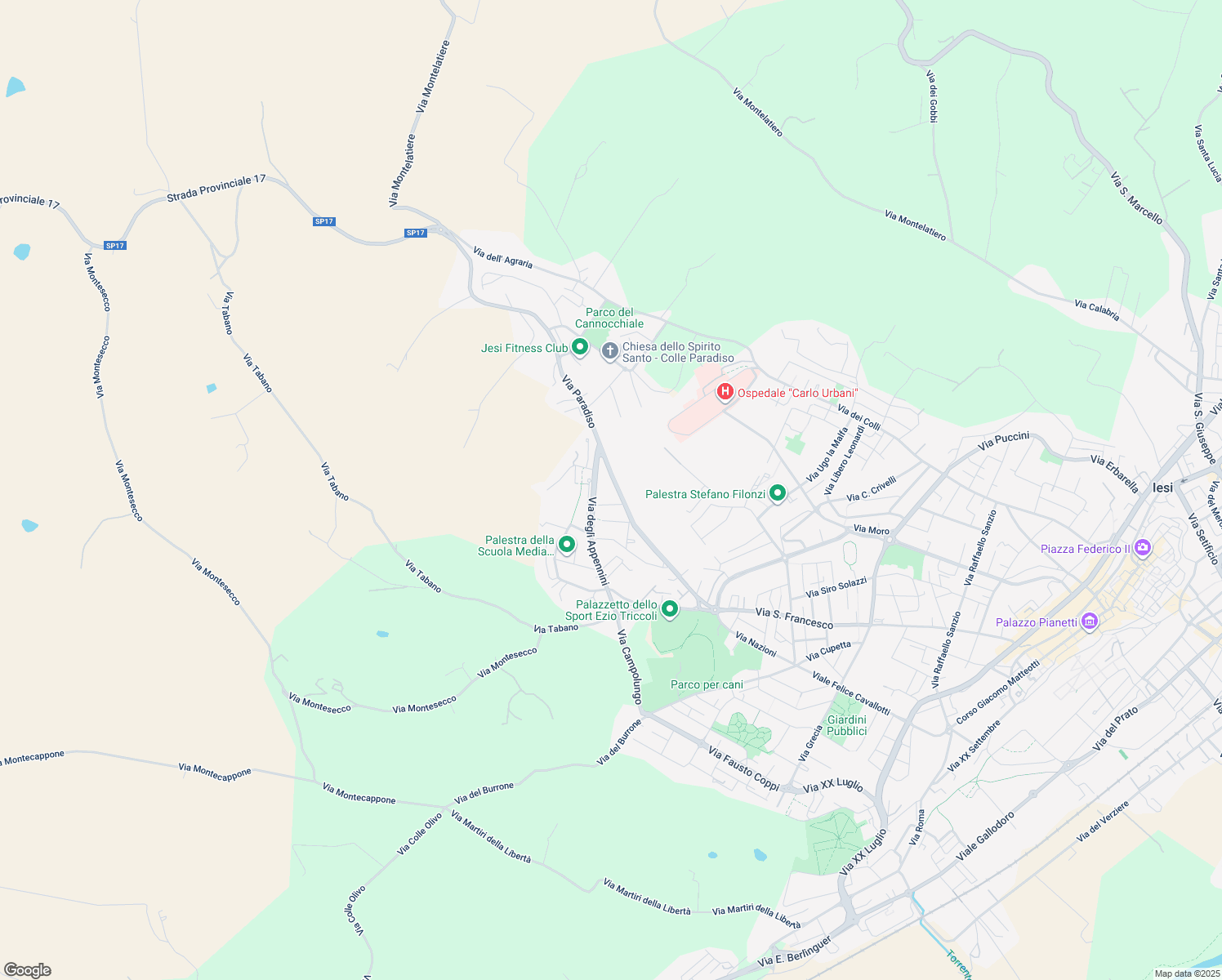 map of restaurants, bars, coffee shops, grocery stores, and more near 47A Via Paradiso in Jesi