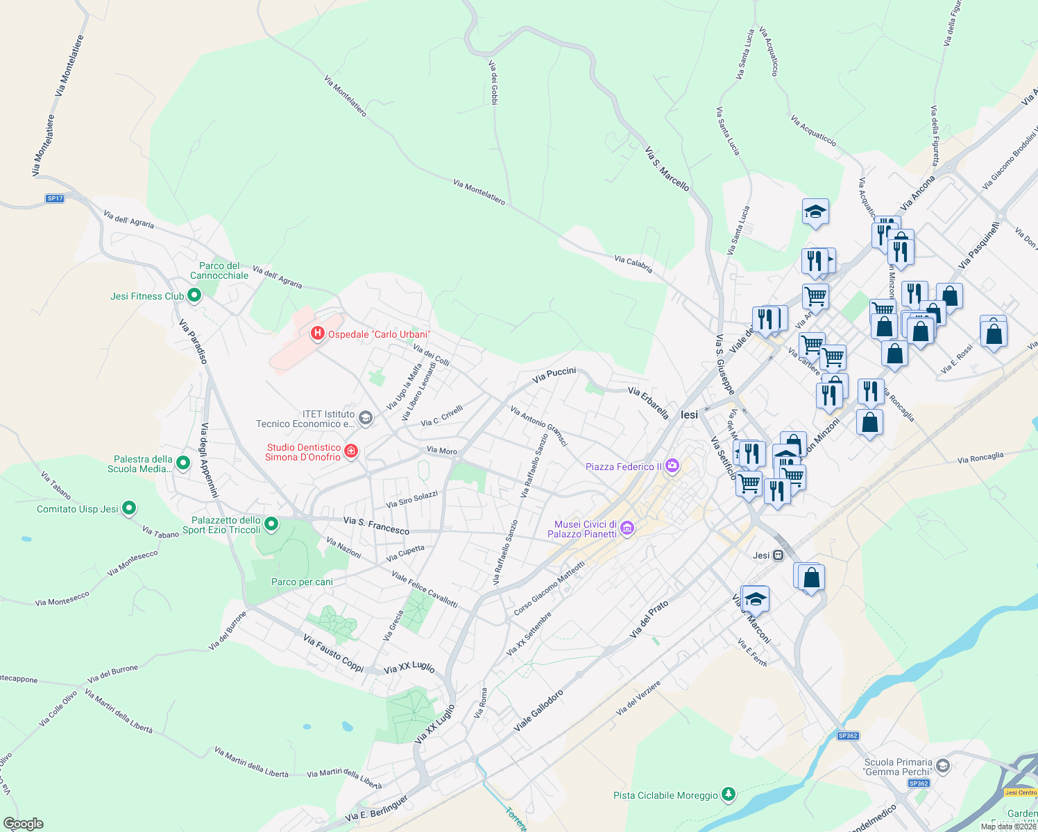 map of restaurants, bars, coffee shops, grocery stores, and more near 80 Via Antonio Gramsci in Jesi