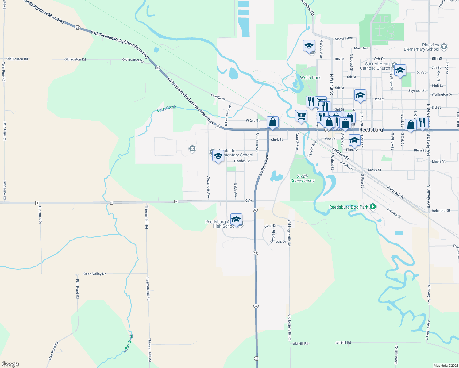 map of restaurants, bars, coffee shops, grocery stores, and more near 545 S Preston Ave in Reedsburg