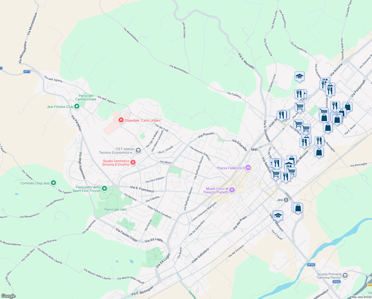 map of restaurants, bars, coffee shops, grocery stores, and more near 2 Viale Giuseppe Verdi in Jesi
