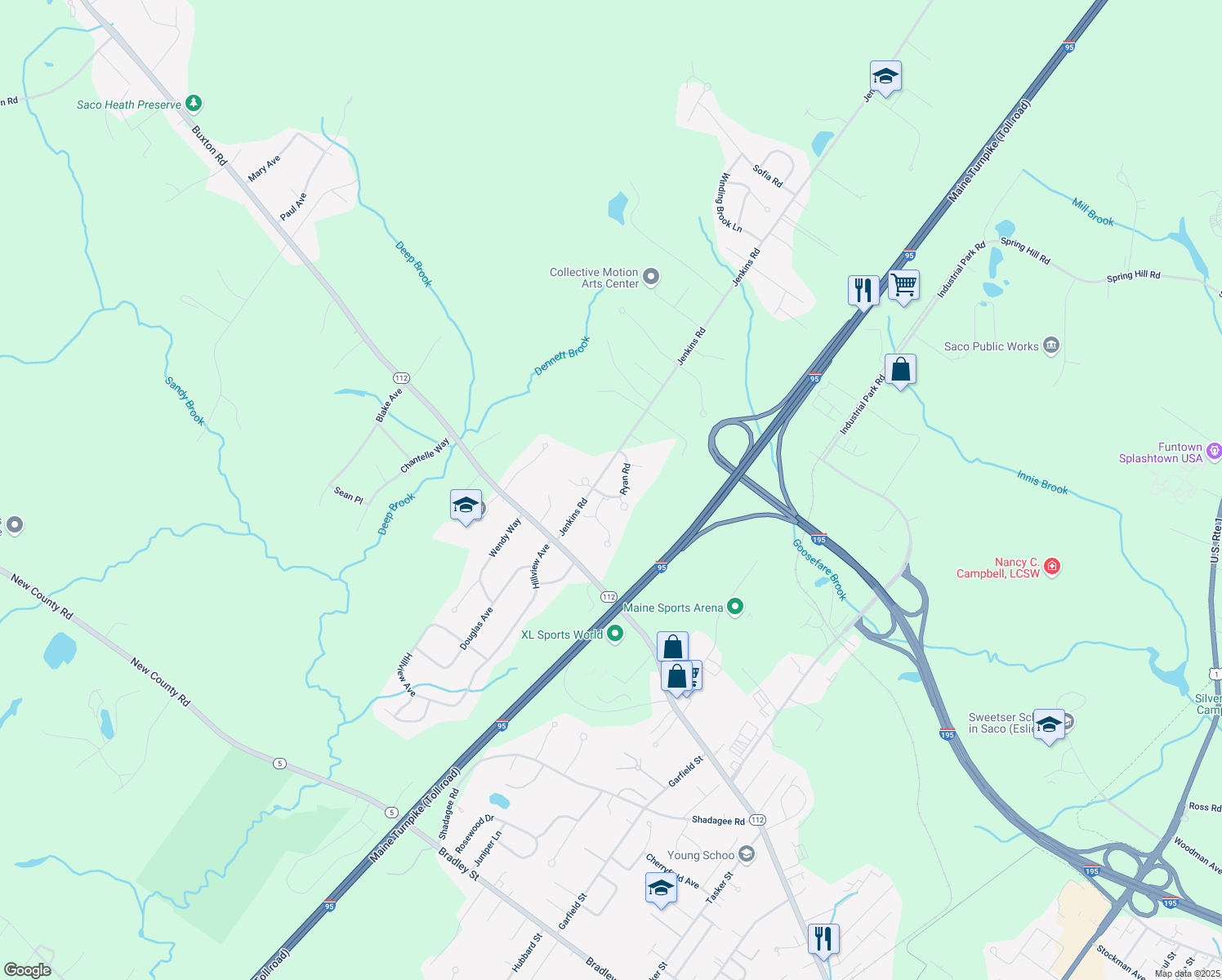 map of restaurants, bars, coffee shops, grocery stores, and more near 6 Ryan Rd in Saco