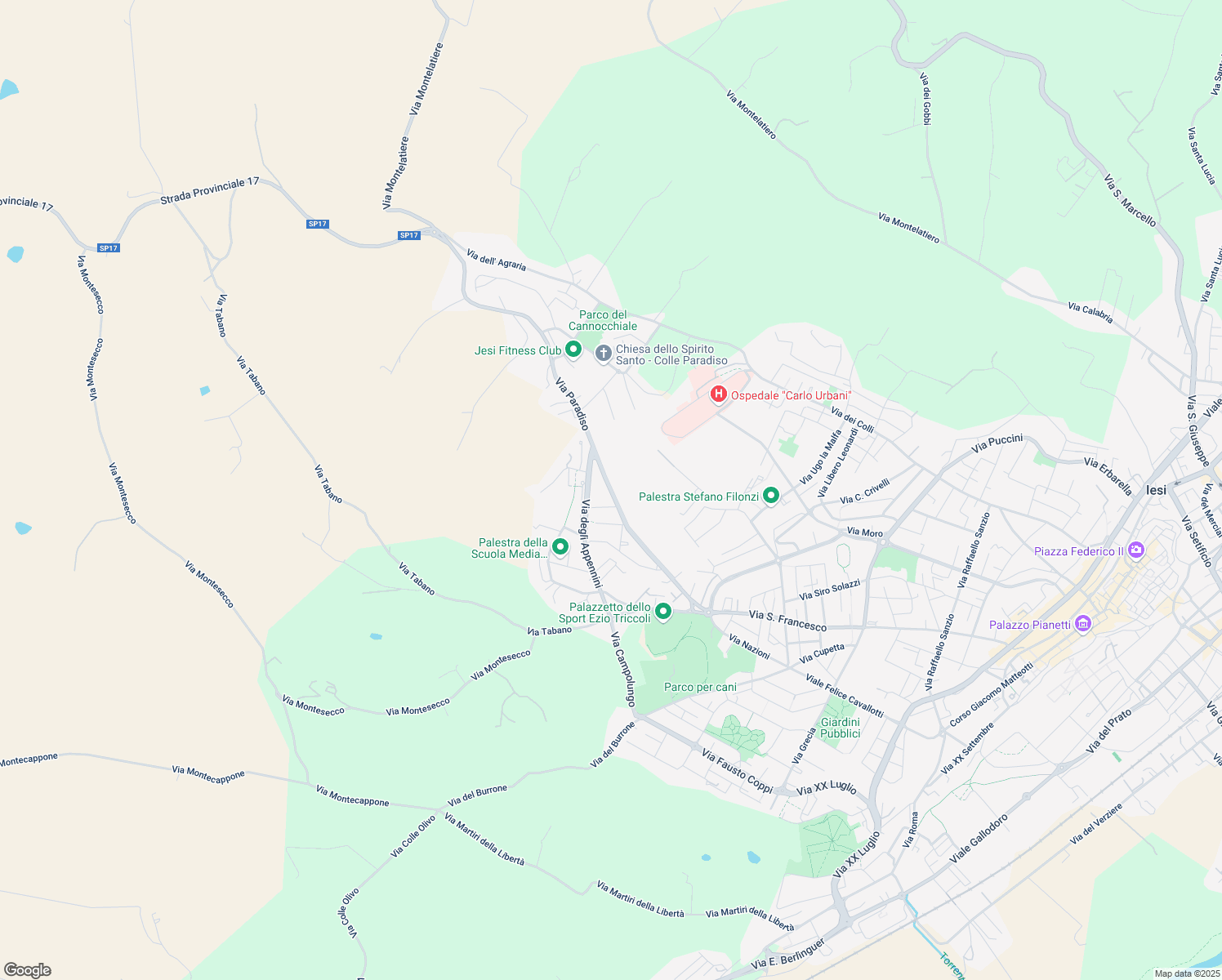 map of restaurants, bars, coffee shops, grocery stores, and more near 47A Via Paradiso in Jesi
