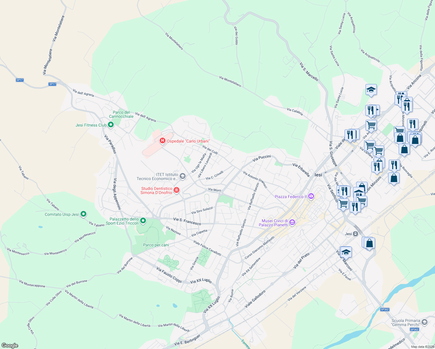 map of restaurants, bars, coffee shops, grocery stores, and more near 10TER Via C. Crivelli in Jesi