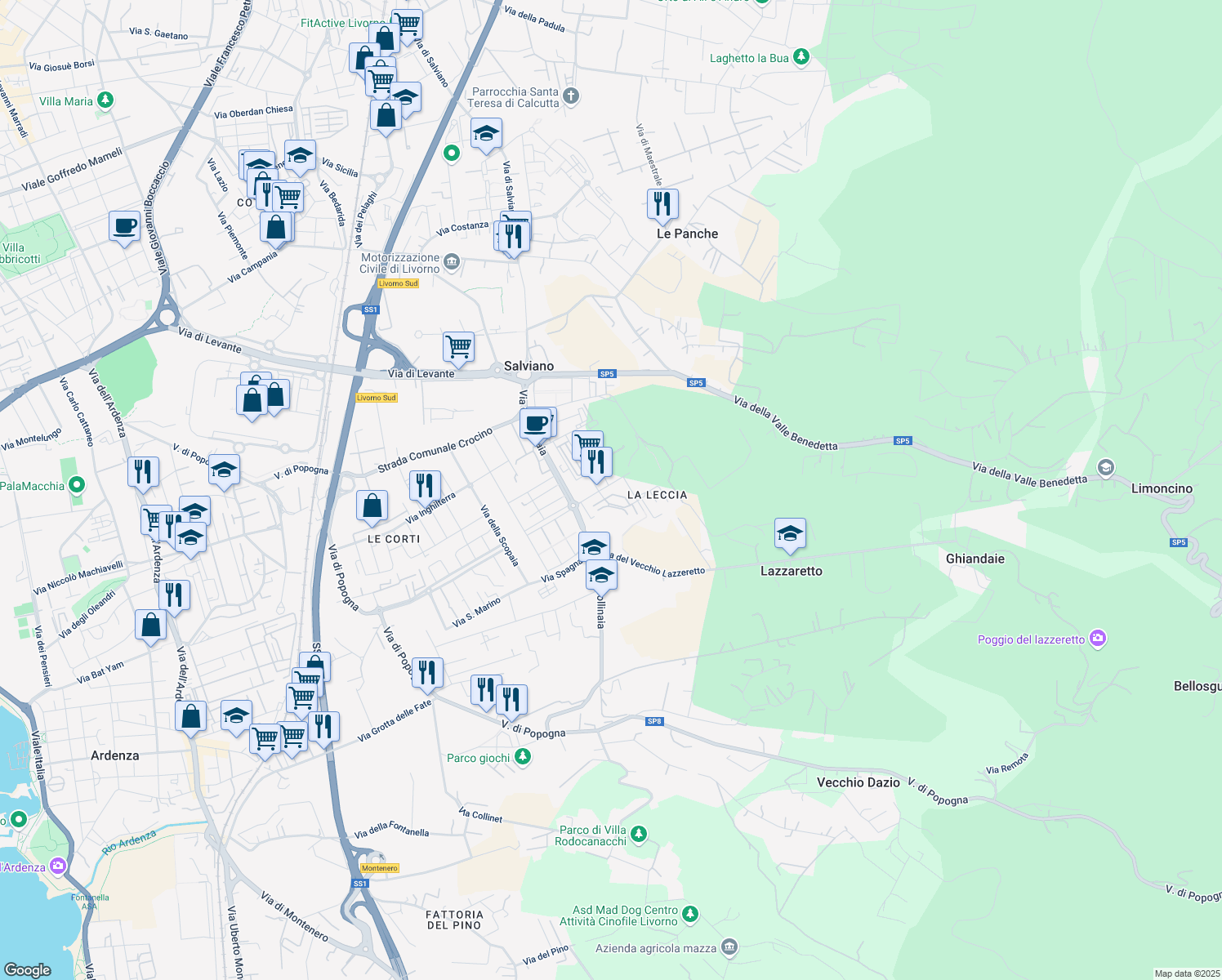 map of restaurants, bars, coffee shops, grocery stores, and more near 16 Via Giotto in Livorno