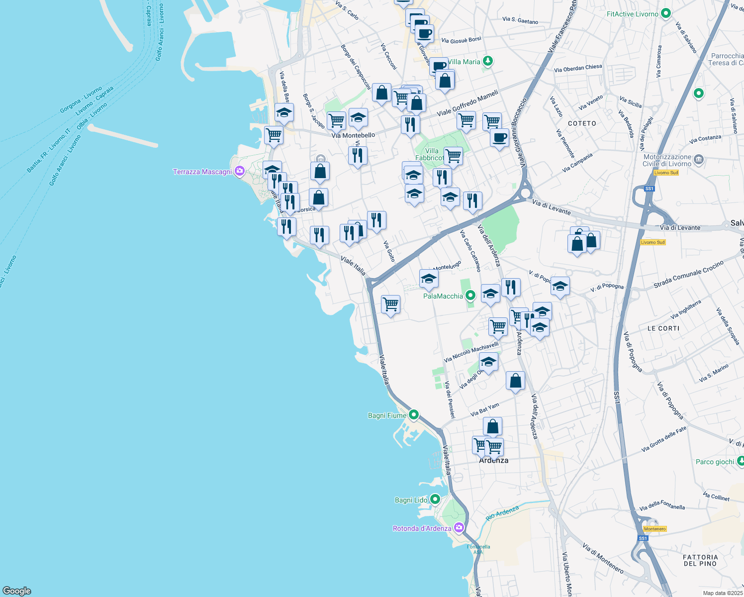 map of restaurants, bars, coffee shops, grocery stores, and more near 5 Via Riccardo Cipriani in Livorno
