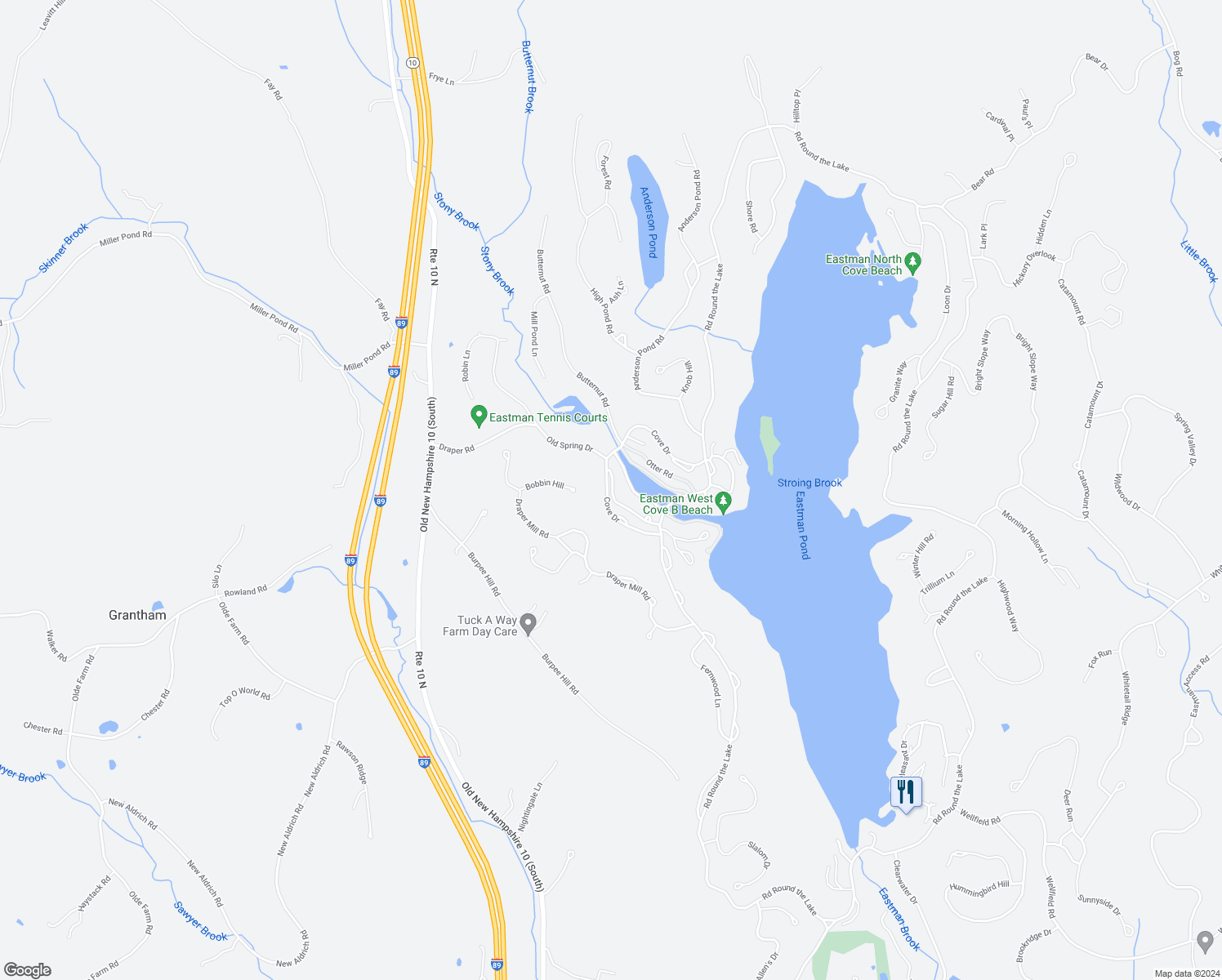 map of restaurants, bars, coffee shops, grocery stores, and more near 848 Cove Drive in Grantham