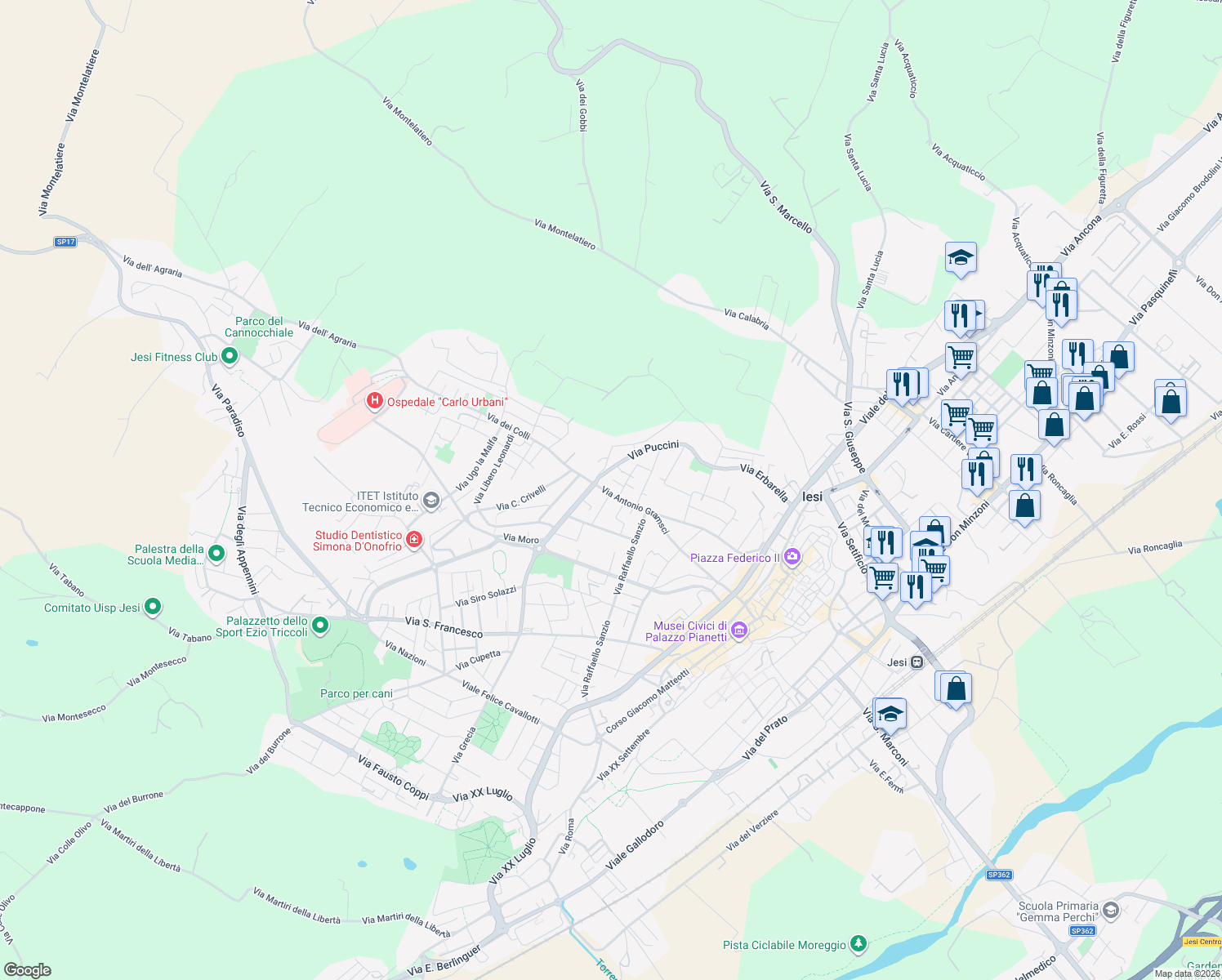 map of restaurants, bars, coffee shops, grocery stores, and more near 80 Via Antonio Gramsci in Jesi