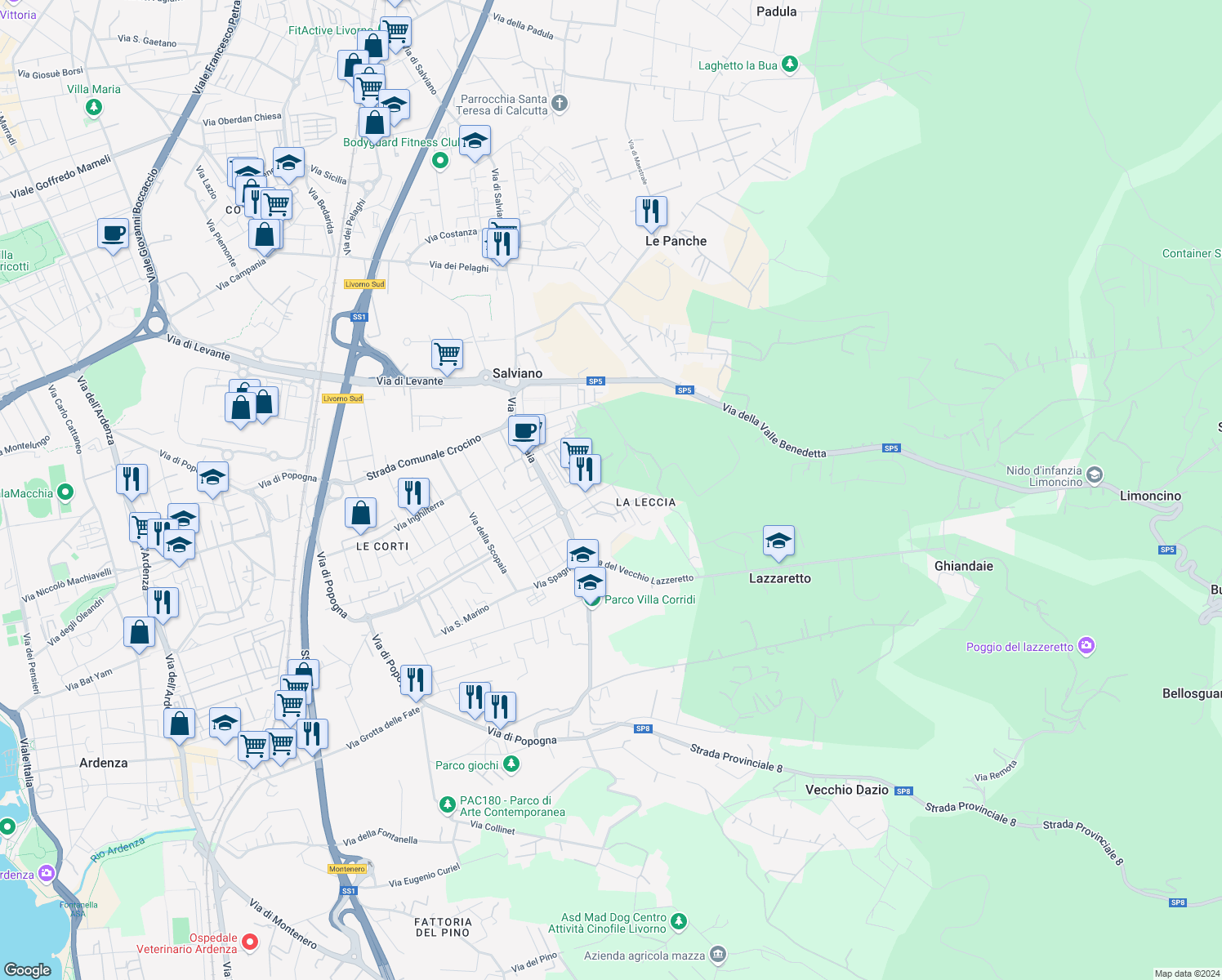 map of restaurants, bars, coffee shops, grocery stores, and more near 16 Via Giotto in Livorno