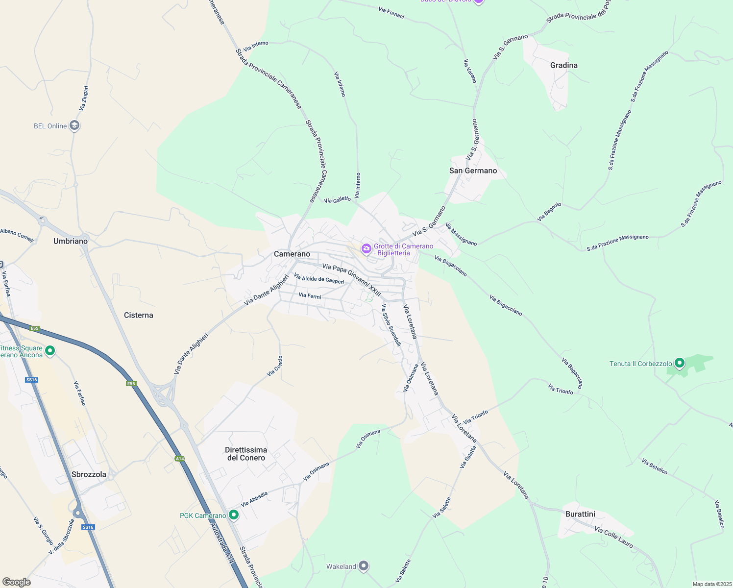 map of restaurants, bars, coffee shops, grocery stores, and more near 58 Via Papa Giovanni XXIII in Camerano