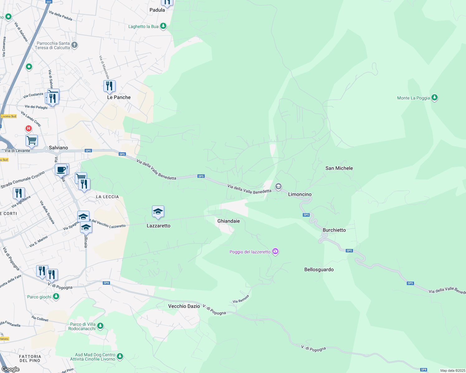 map of restaurants, bars, coffee shops, grocery stores, and more near 119 Via della Valle Benedetta in Provincia di Livorno