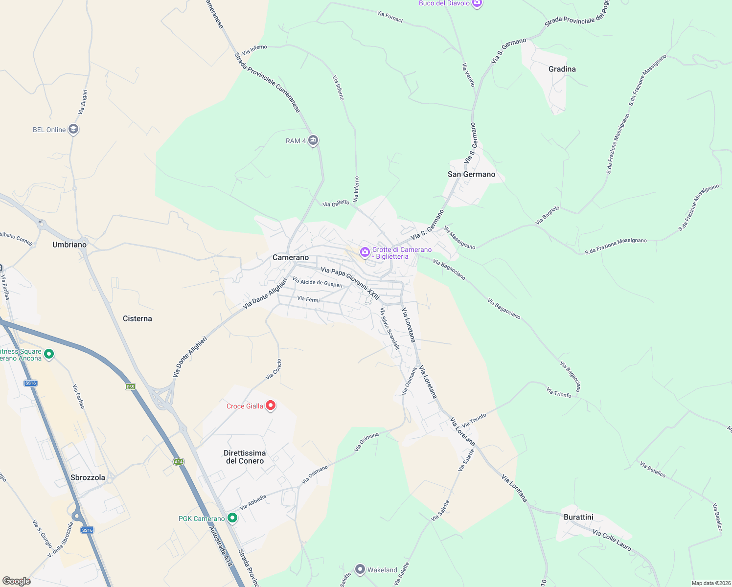 map of restaurants, bars, coffee shops, grocery stores, and more near 58 Via Papa Giovanni XXIII in Camerano