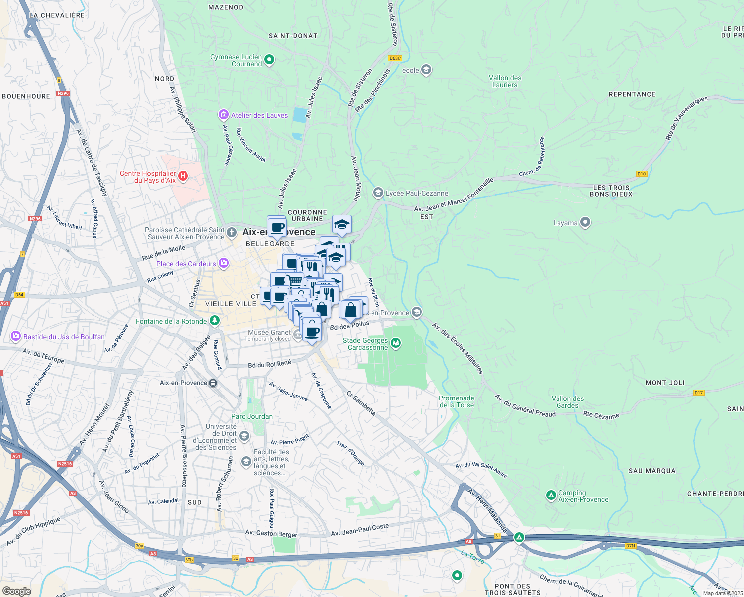 map of restaurants, bars, coffee shops, grocery stores, and more near Impasse du Gallet Cantant in Aix-en-Provence