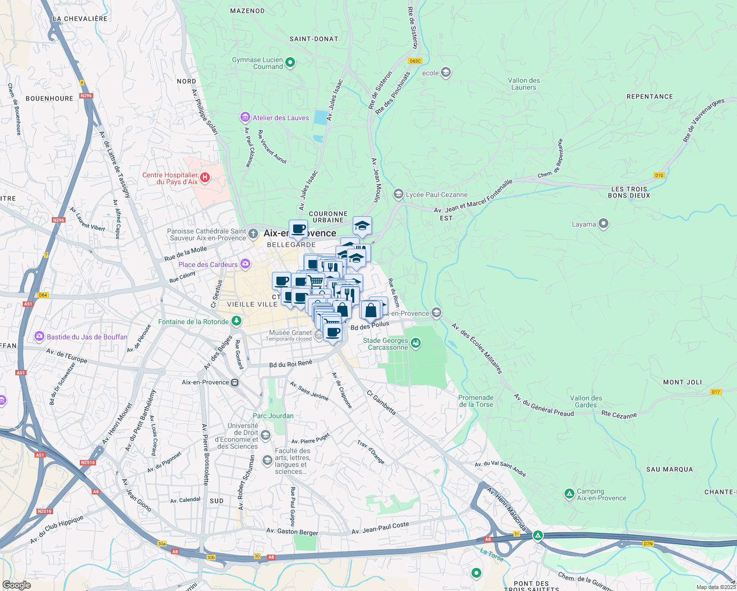 map of restaurants, bars, coffee shops, grocery stores, and more near Impasse du Gallet Cantant in Aix-en-Provence