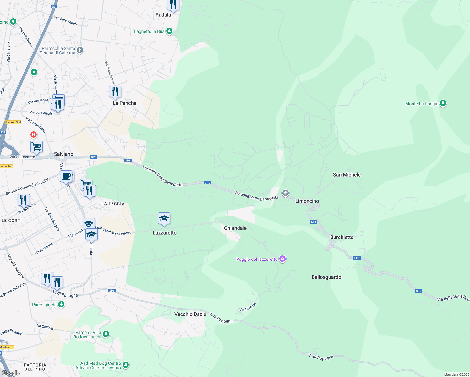 map of restaurants, bars, coffee shops, grocery stores, and more near 119 Via della Valle Benedetta in Provincia di Livorno