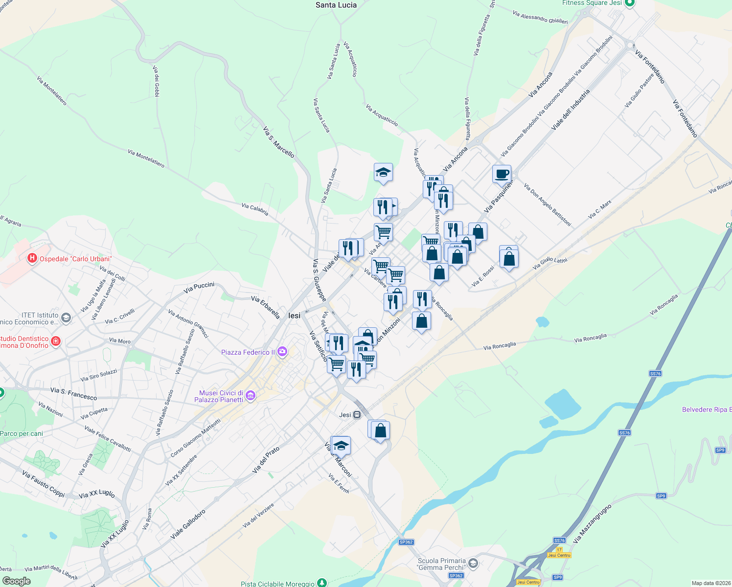 map of restaurants, bars, coffee shops, grocery stores, and more near 21 Via Campania in Jesi