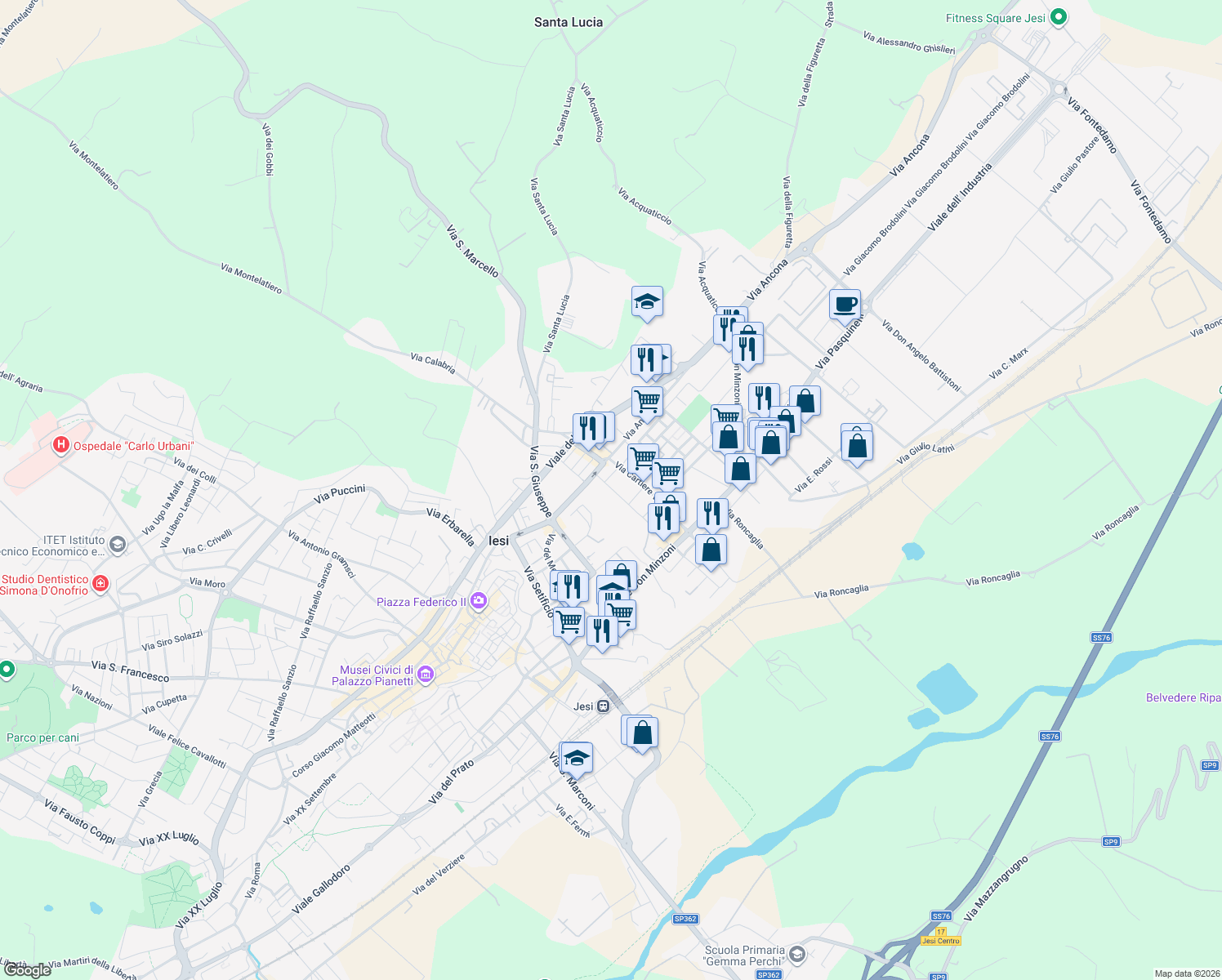 map of restaurants, bars, coffee shops, grocery stores, and more near 21 Via Campania in Jesi
