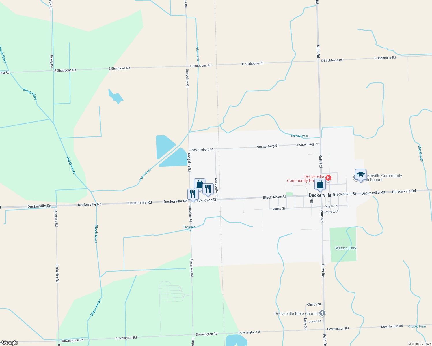 map of restaurants, bars, coffee shops, grocery stores, and more near 3571 Marquette Street in Deckerville