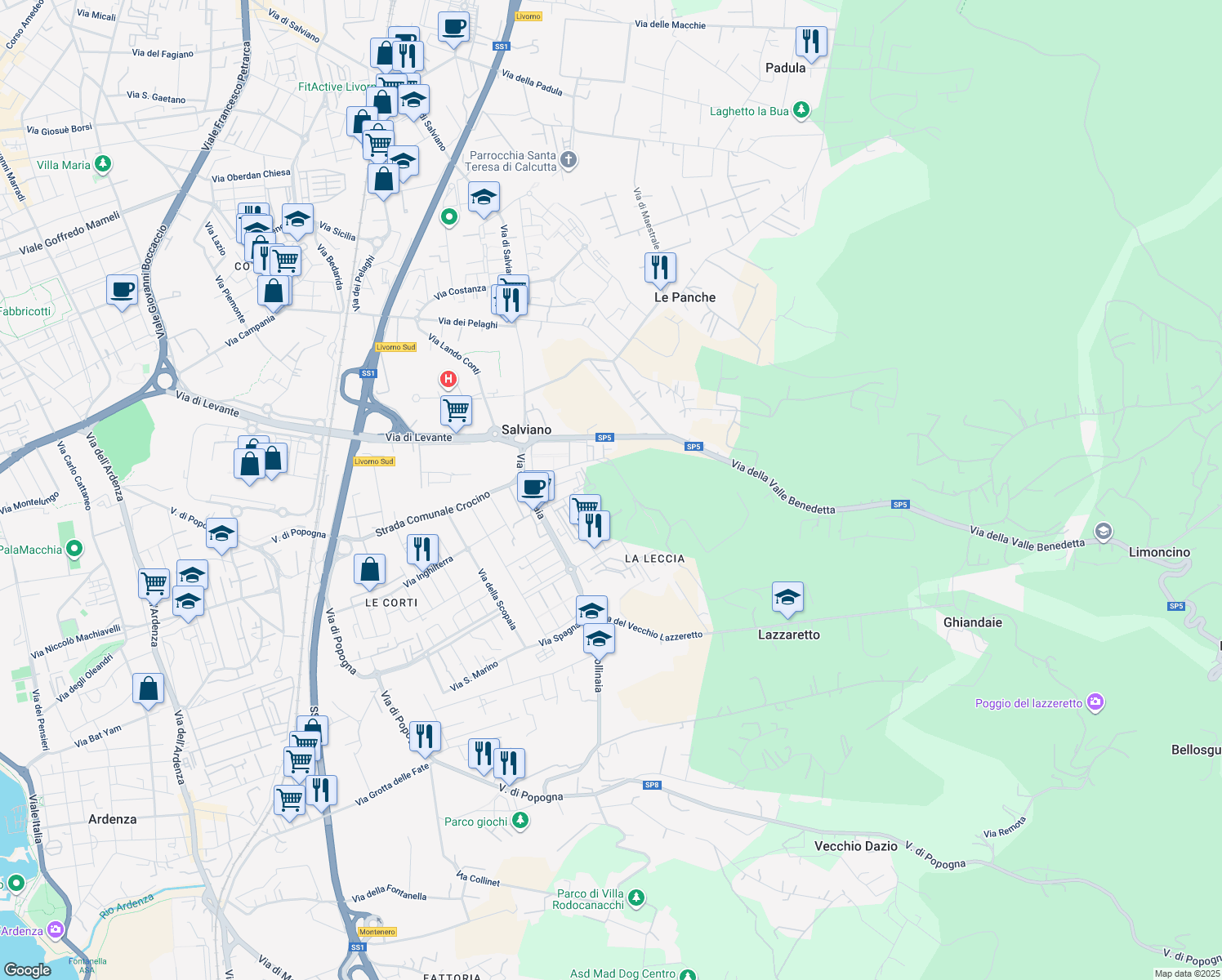 map of restaurants, bars, coffee shops, grocery stores, and more near 34 Via della Leccia in Livorno