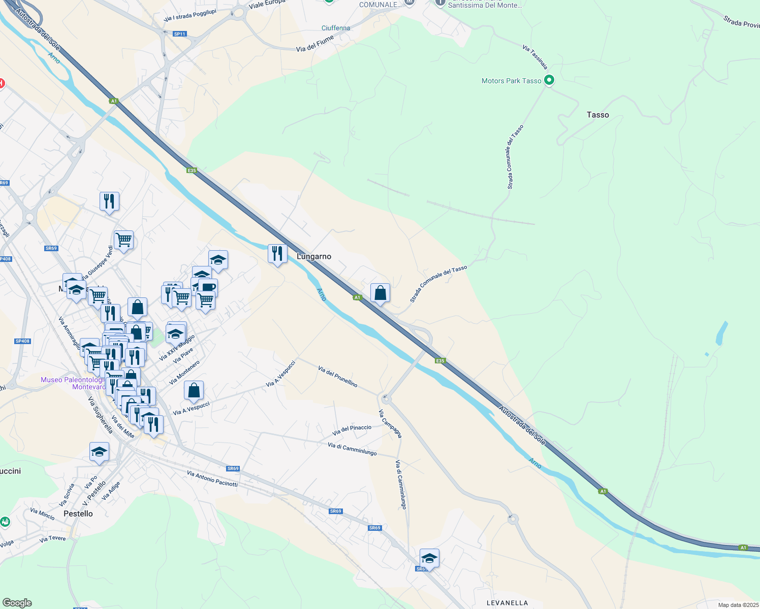 map of restaurants, bars, coffee shops, grocery stores, and more near 194 Strada Comunale del Tasso in Lungarno
