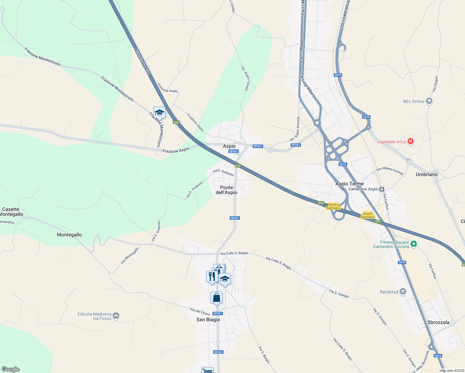 map of restaurants, bars, coffee shops, grocery stores, and more near 103 Via Ancona in Ponte Dell'aspio