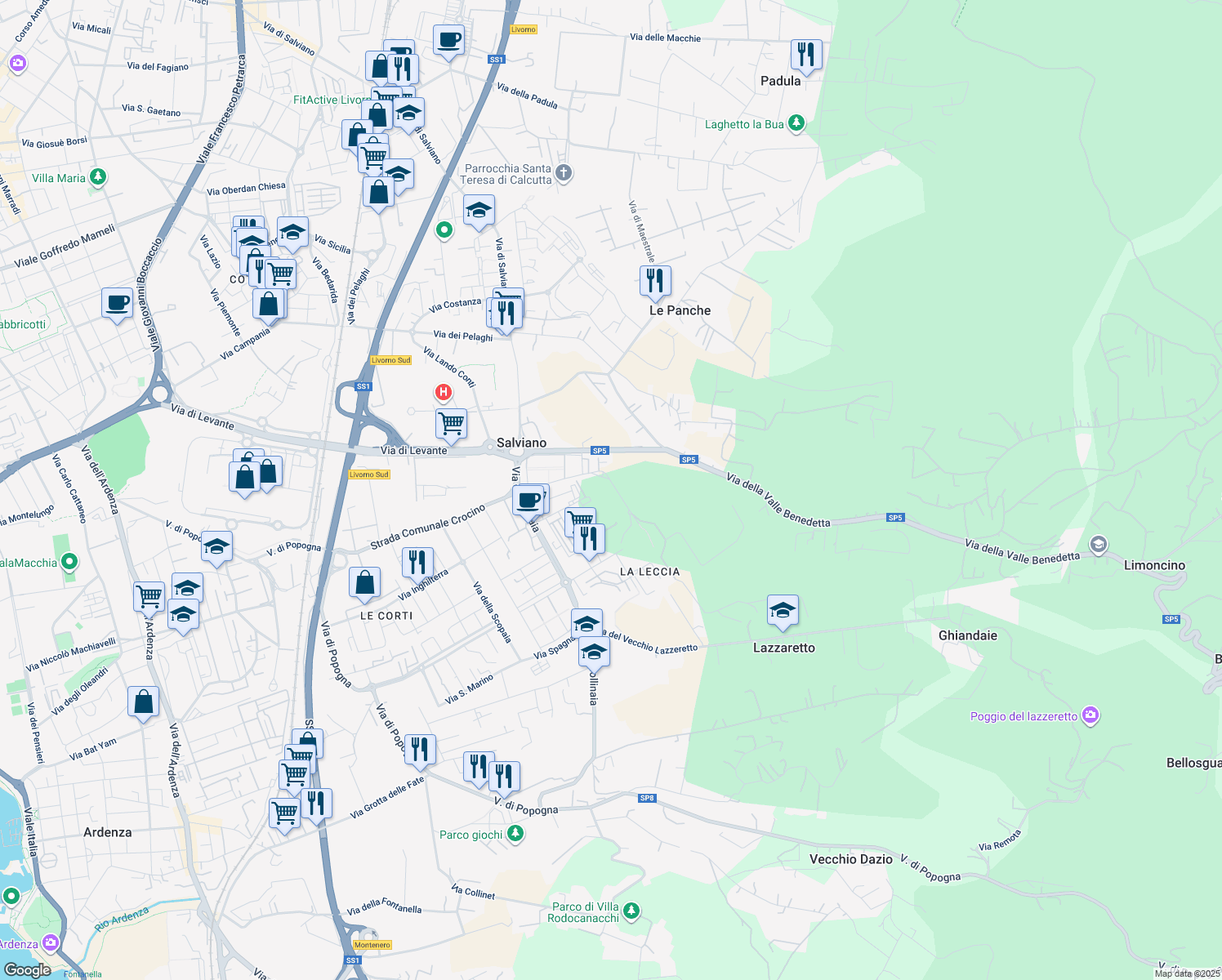 map of restaurants, bars, coffee shops, grocery stores, and more near 34 Via della Leccia in Livorno