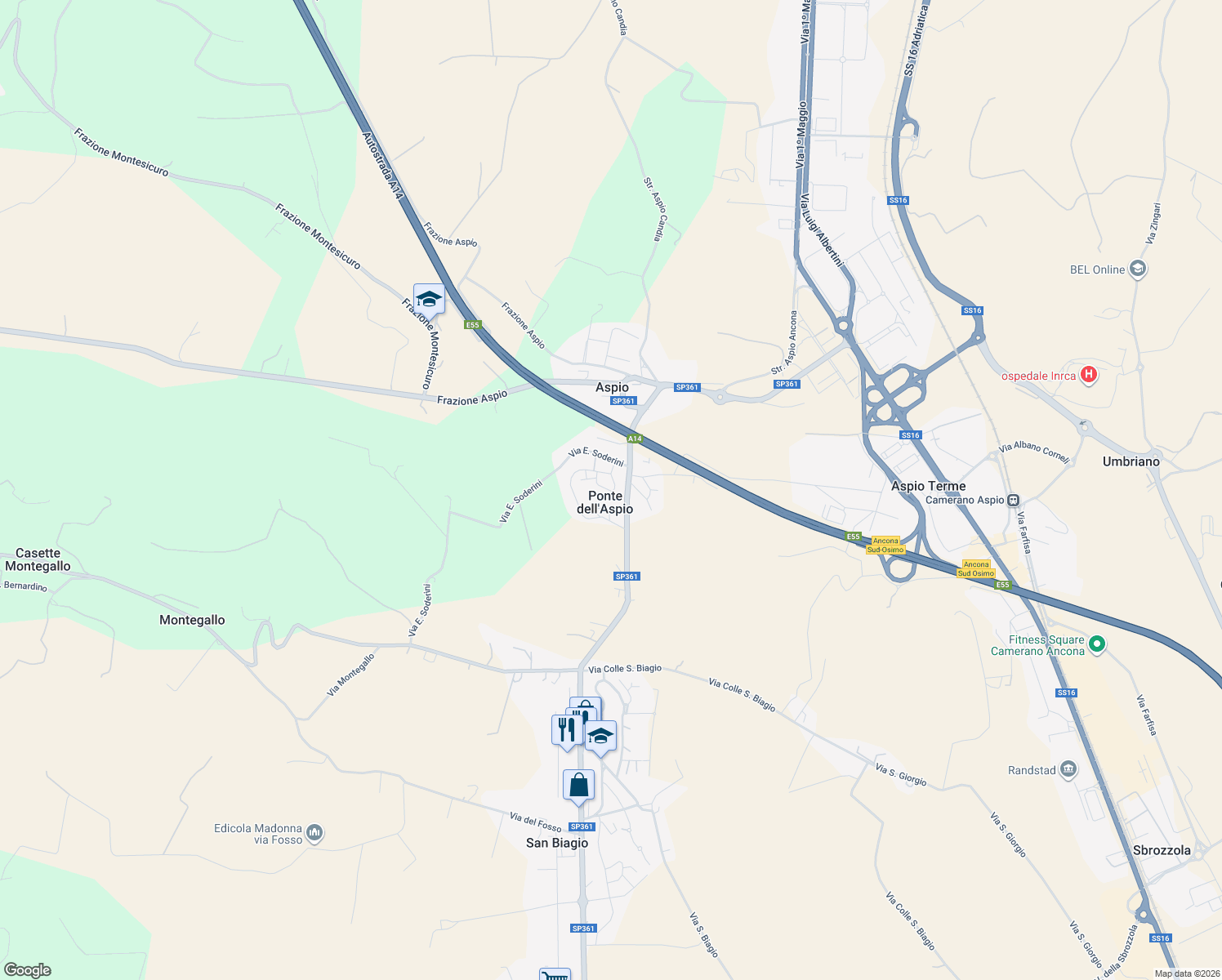 map of restaurants, bars, coffee shops, grocery stores, and more near 103 Via Ancona in Ponte Dell'aspio