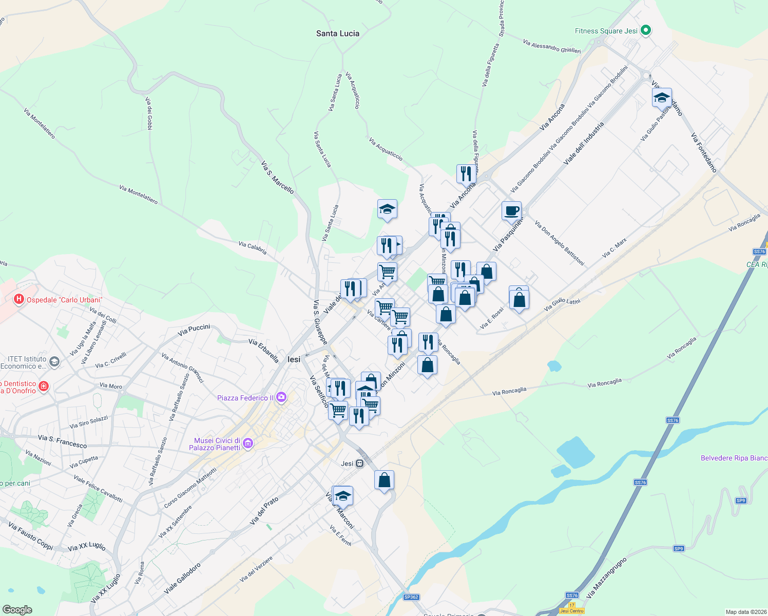 map of restaurants, bars, coffee shops, grocery stores, and more near 7 Via Molise in Jesi
