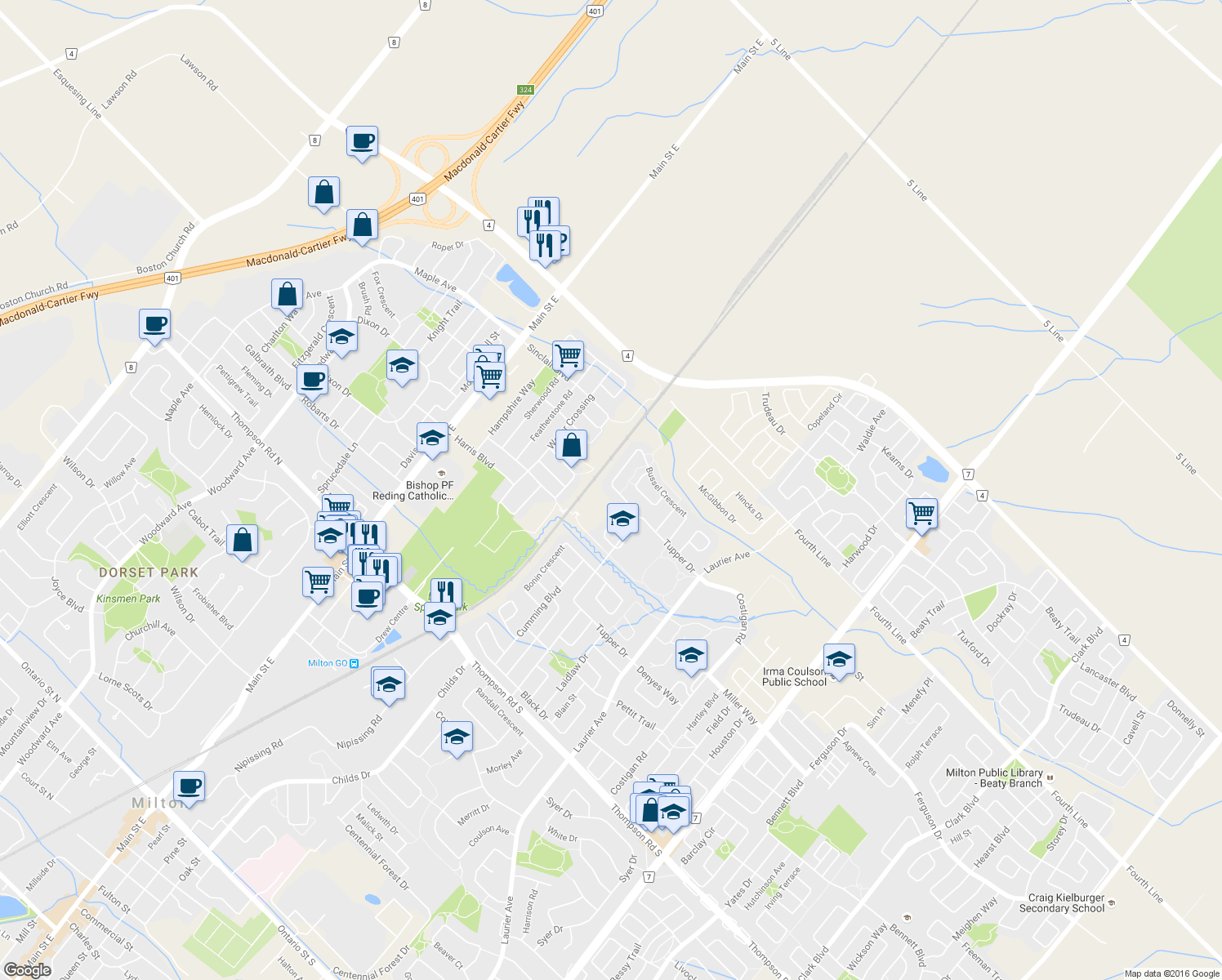 map of restaurants, bars, coffee shops, grocery stores, and more near 313 Bussel Crescent in Milton
