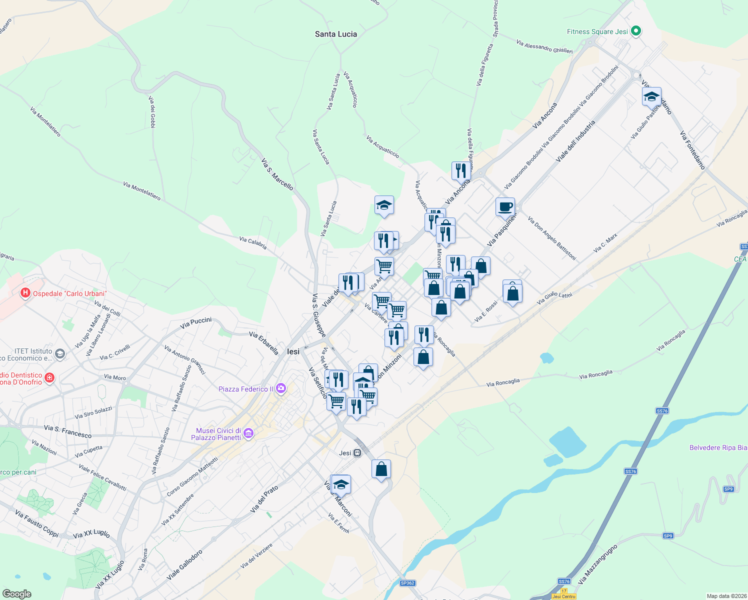 map of restaurants, bars, coffee shops, grocery stores, and more near 7 Via Molise in Jesi