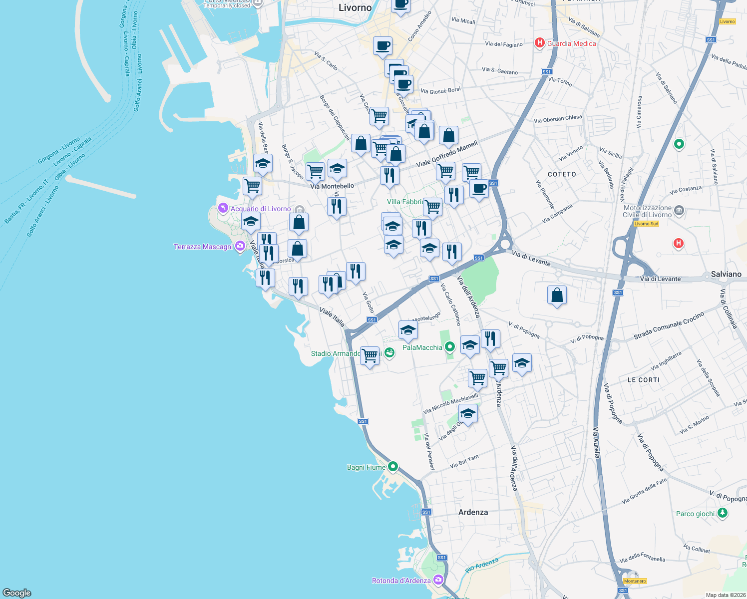 map of restaurants, bars, coffee shops, grocery stores, and more near 25 Via Giovanni da Verrazzano in Livorno