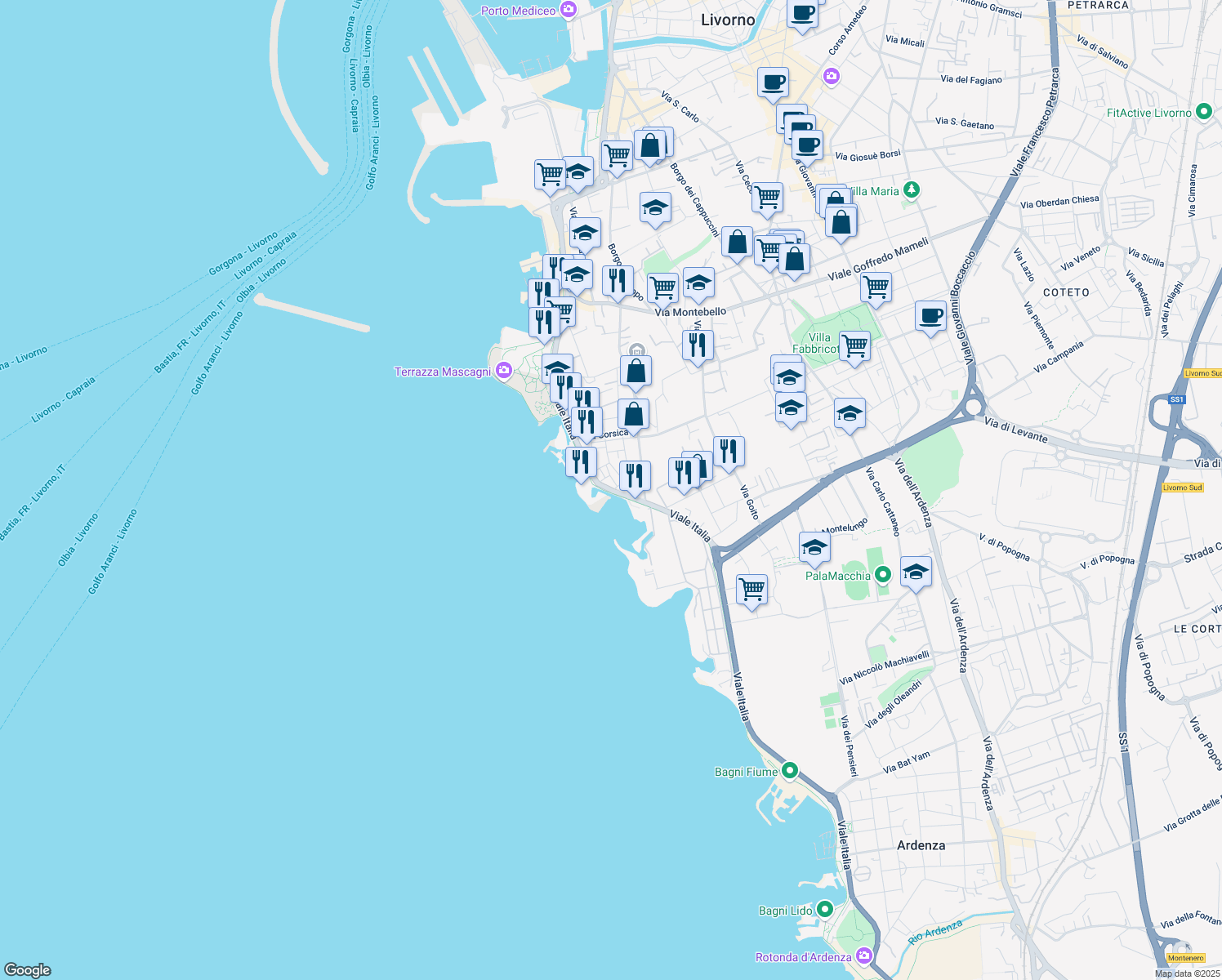map of restaurants, bars, coffee shops, grocery stores, and more near 26 Viale Italia in Livorno
