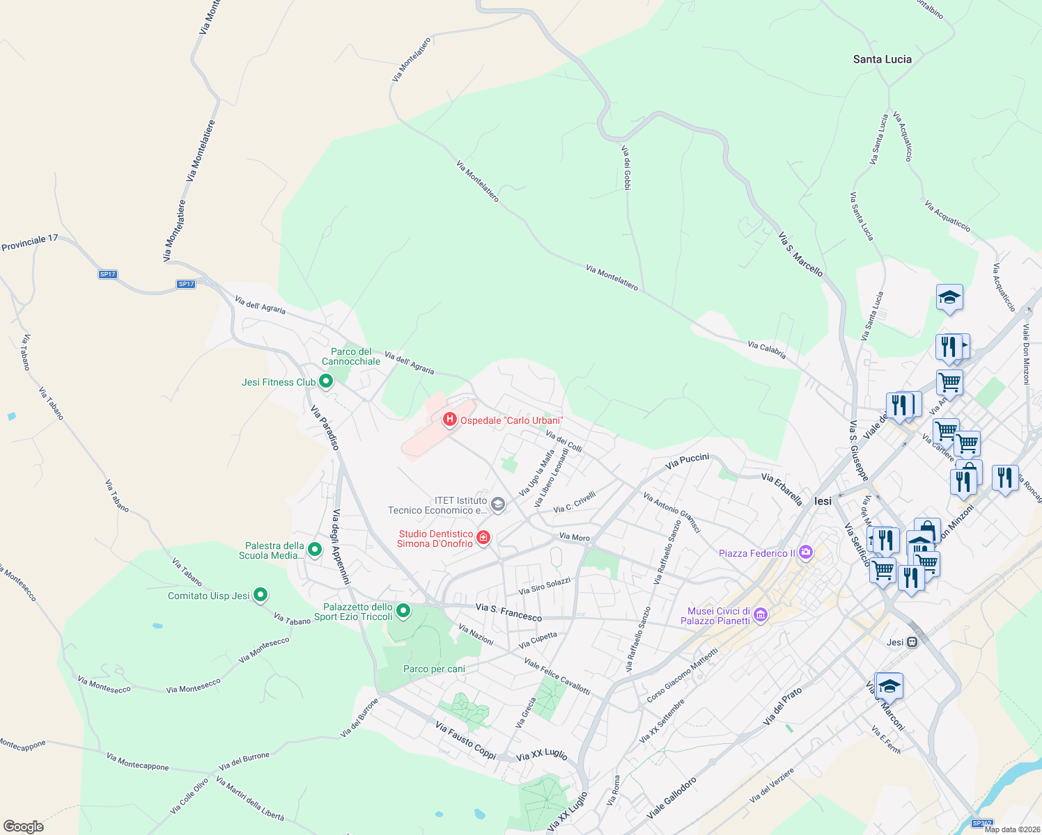 map of restaurants, bars, coffee shops, grocery stores, and more near 7 Piazza Andrea Vesalio in Jesi