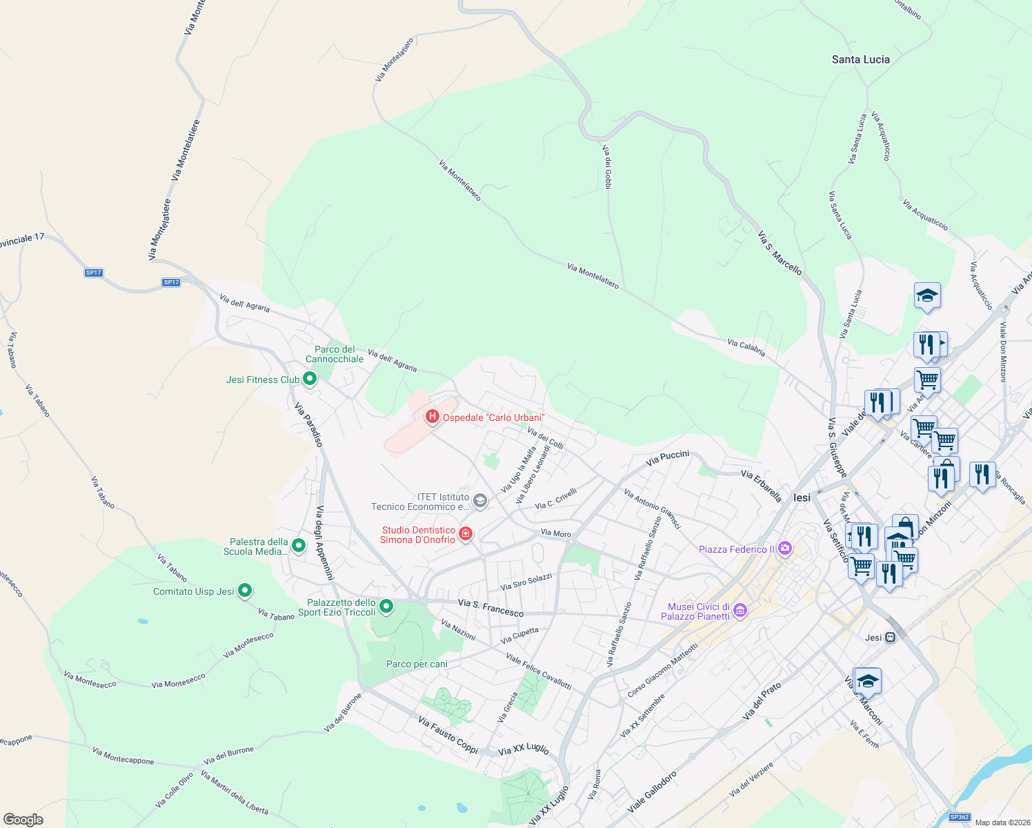 map of restaurants, bars, coffee shops, grocery stores, and more near 7 Piazza Andrea Costa in Fano