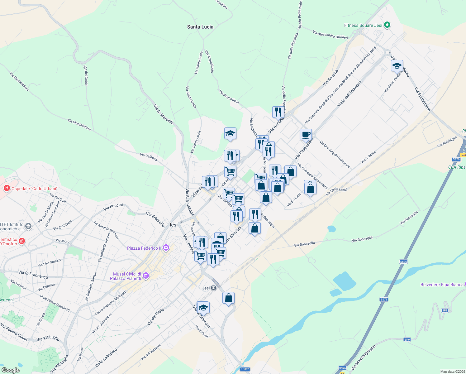 map of restaurants, bars, coffee shops, grocery stores, and more near 38-40 Via Ancona in Jesi