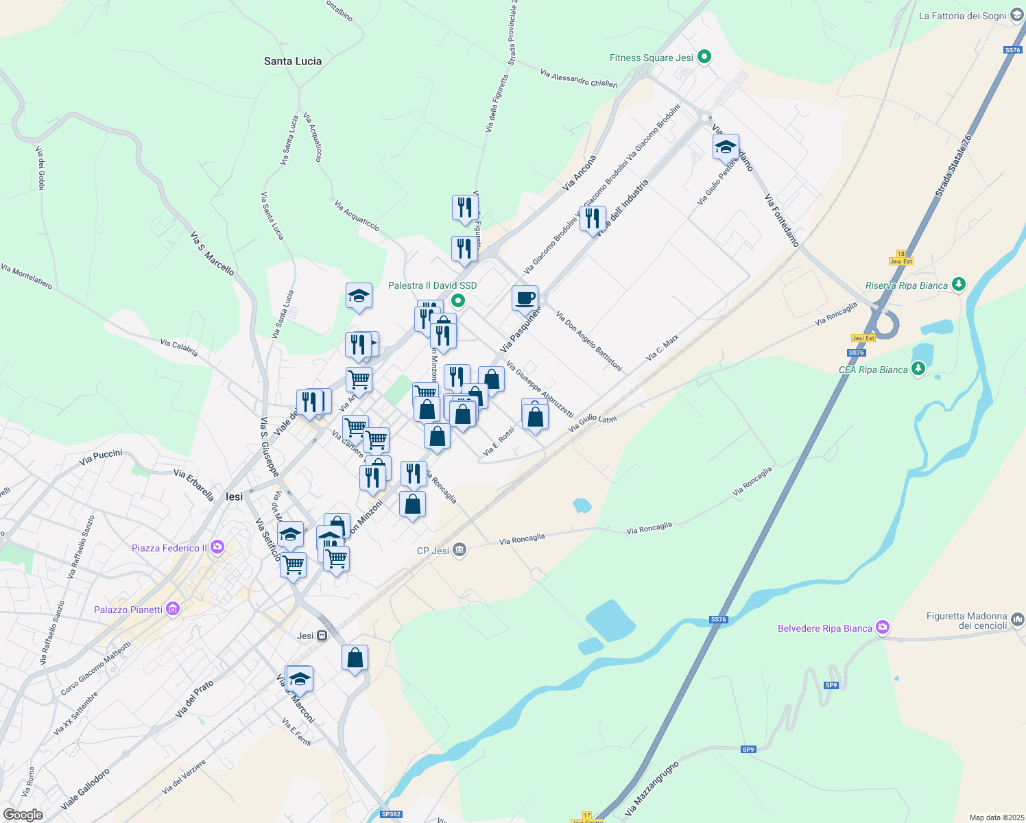 map of restaurants, bars, coffee shops, grocery stores, and more near 58/B Via Ernesto Rossi in Jesi