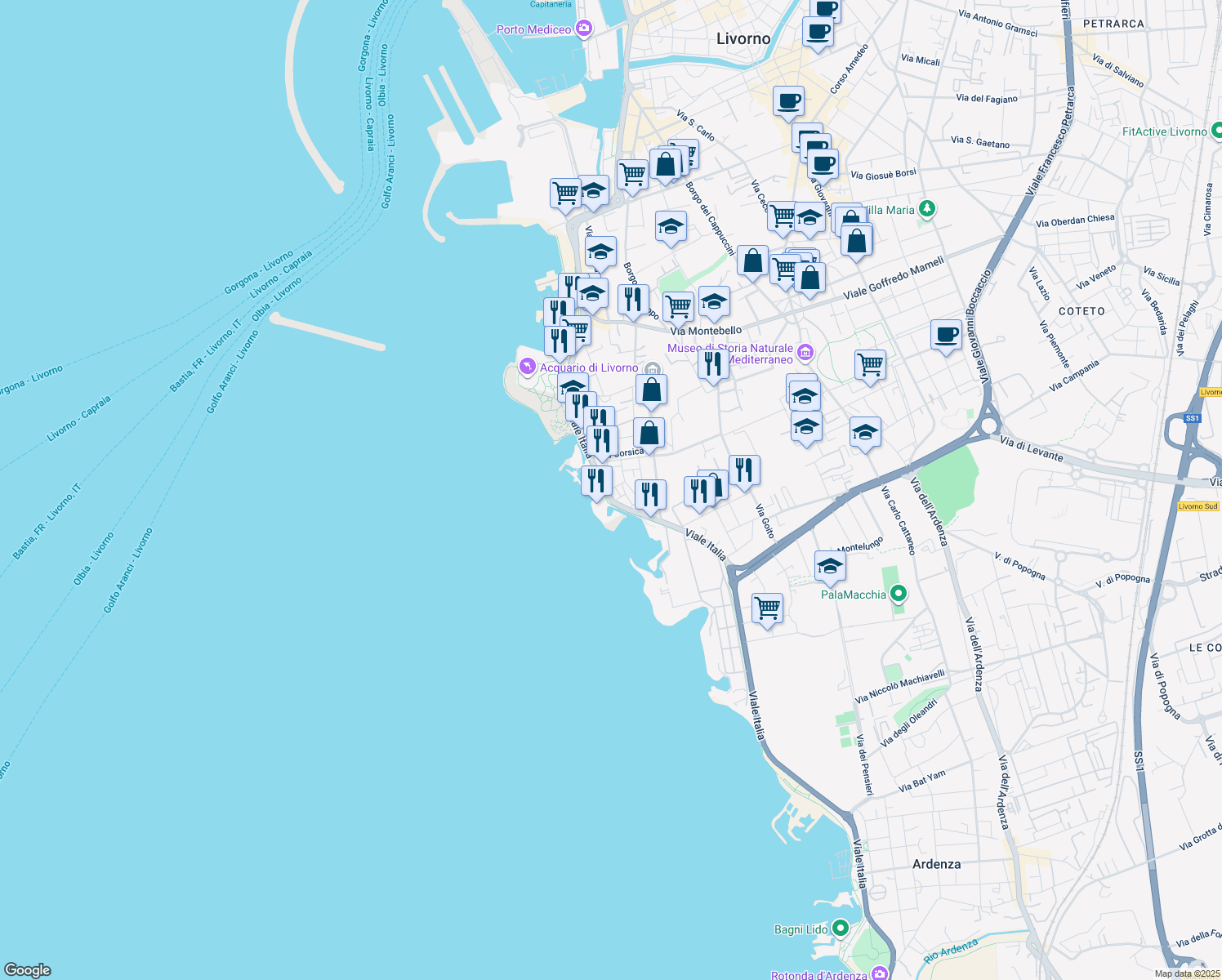 map of restaurants, bars, coffee shops, grocery stores, and more near 2 Via Aldo Moro in Livorno